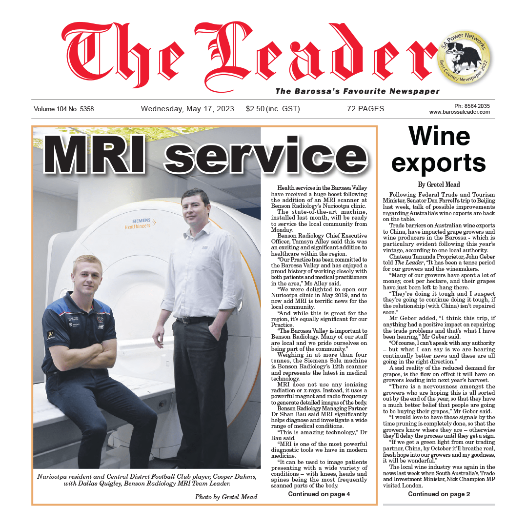 First patient scanned on new Barossa MRI Benson Radiology