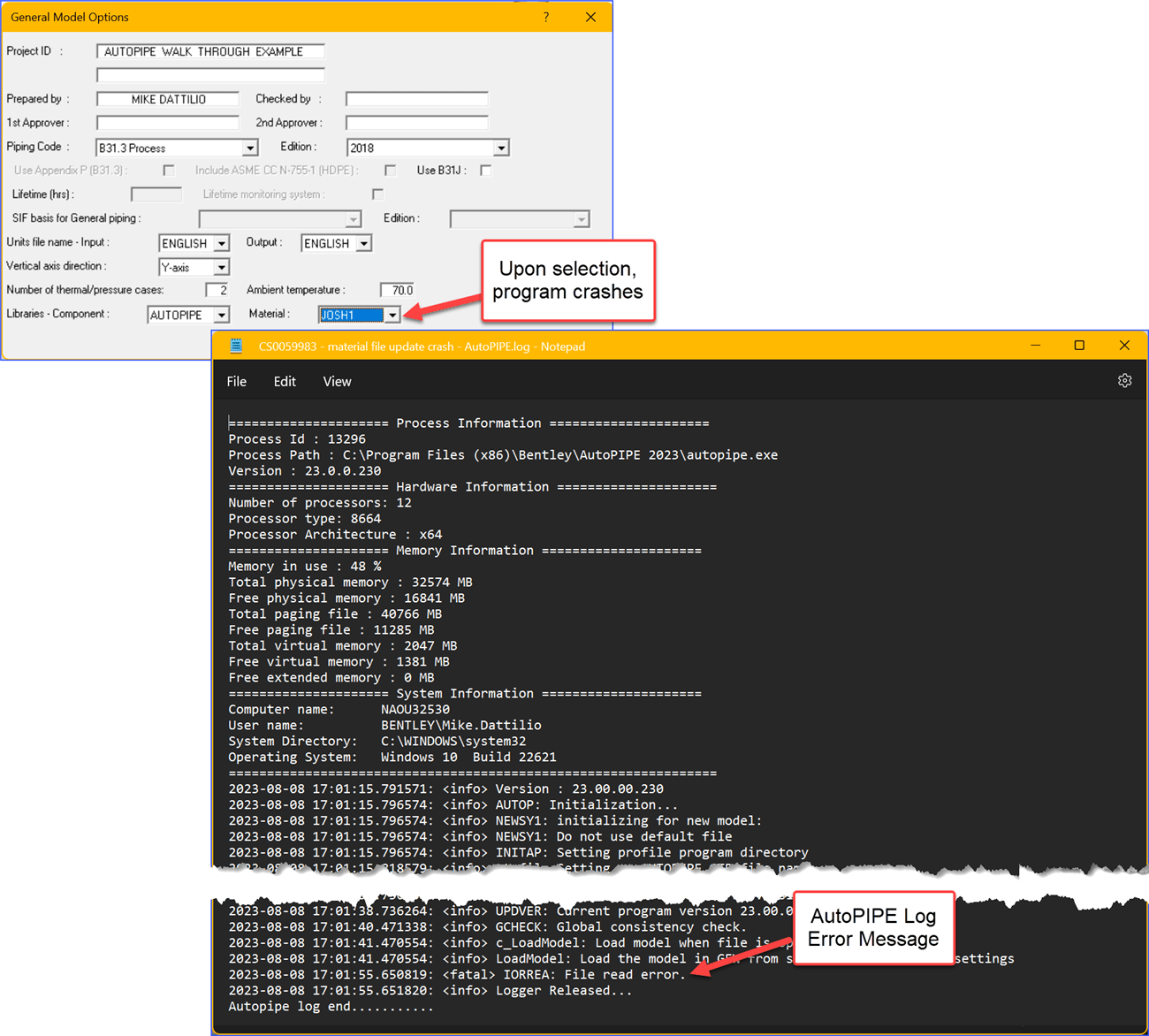AutoPIPE 01. When modifying Material Library selection on General