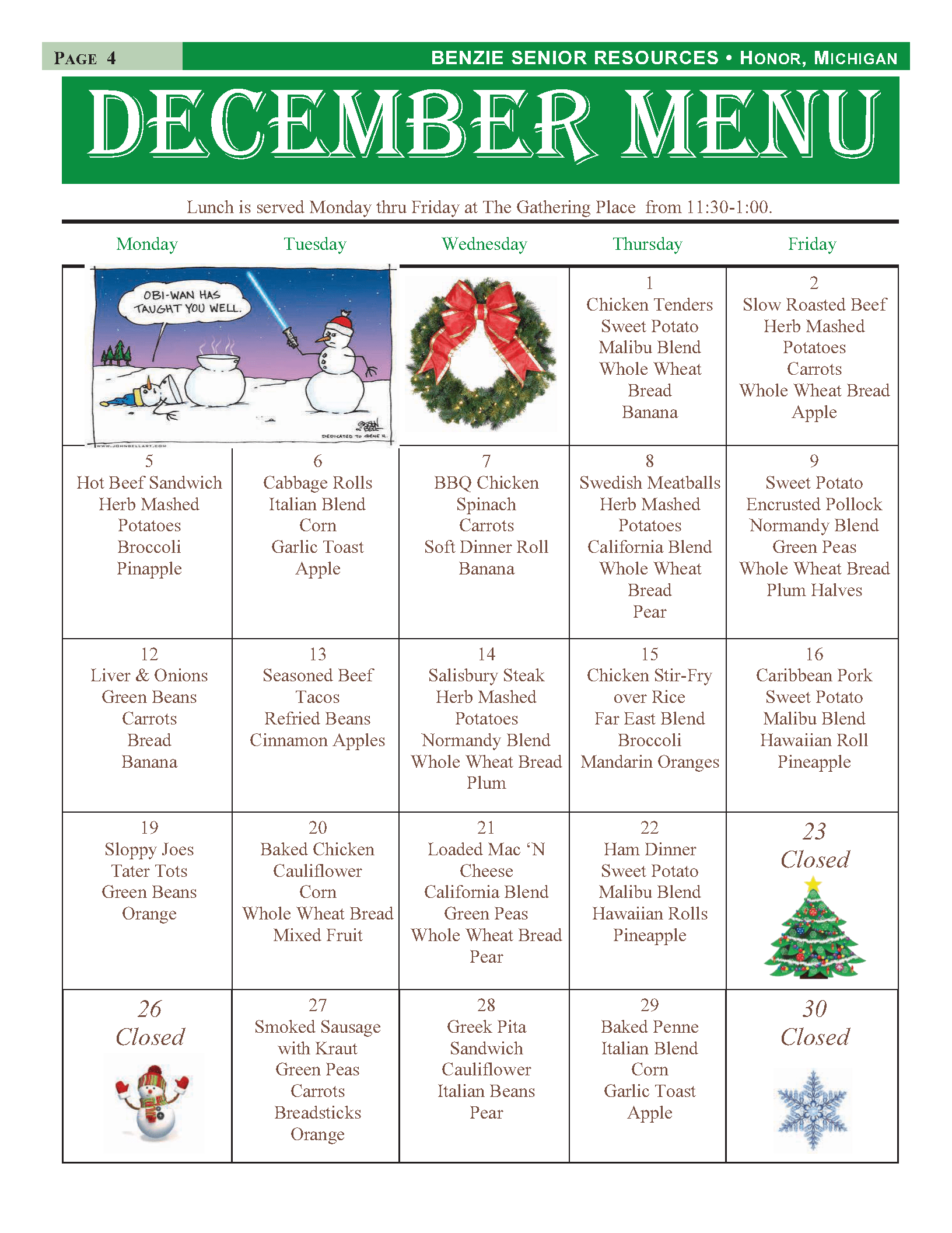 Monthly Meals Menu Benzie Senior Resources