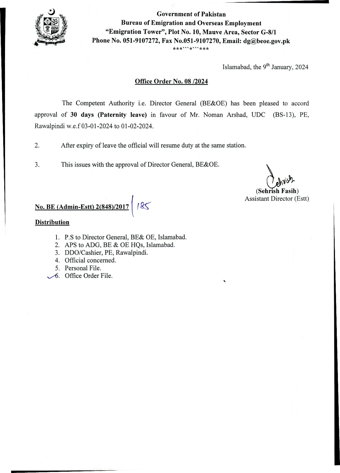 Office Order (LFPPaternity Leave) Bureau of Emigration & Overseas