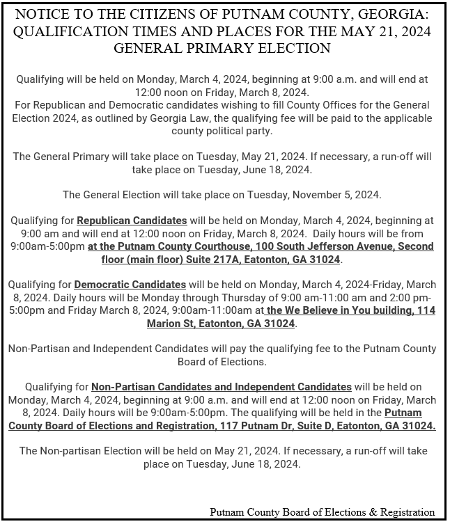 Past Election Results and Notices Putnam County Board of Elections and Registration