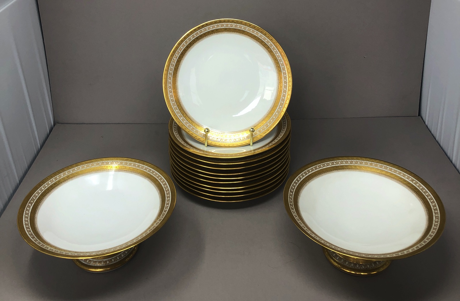 French Limoges Encrusted Gold & White Dessert Set for 10 Elite Works