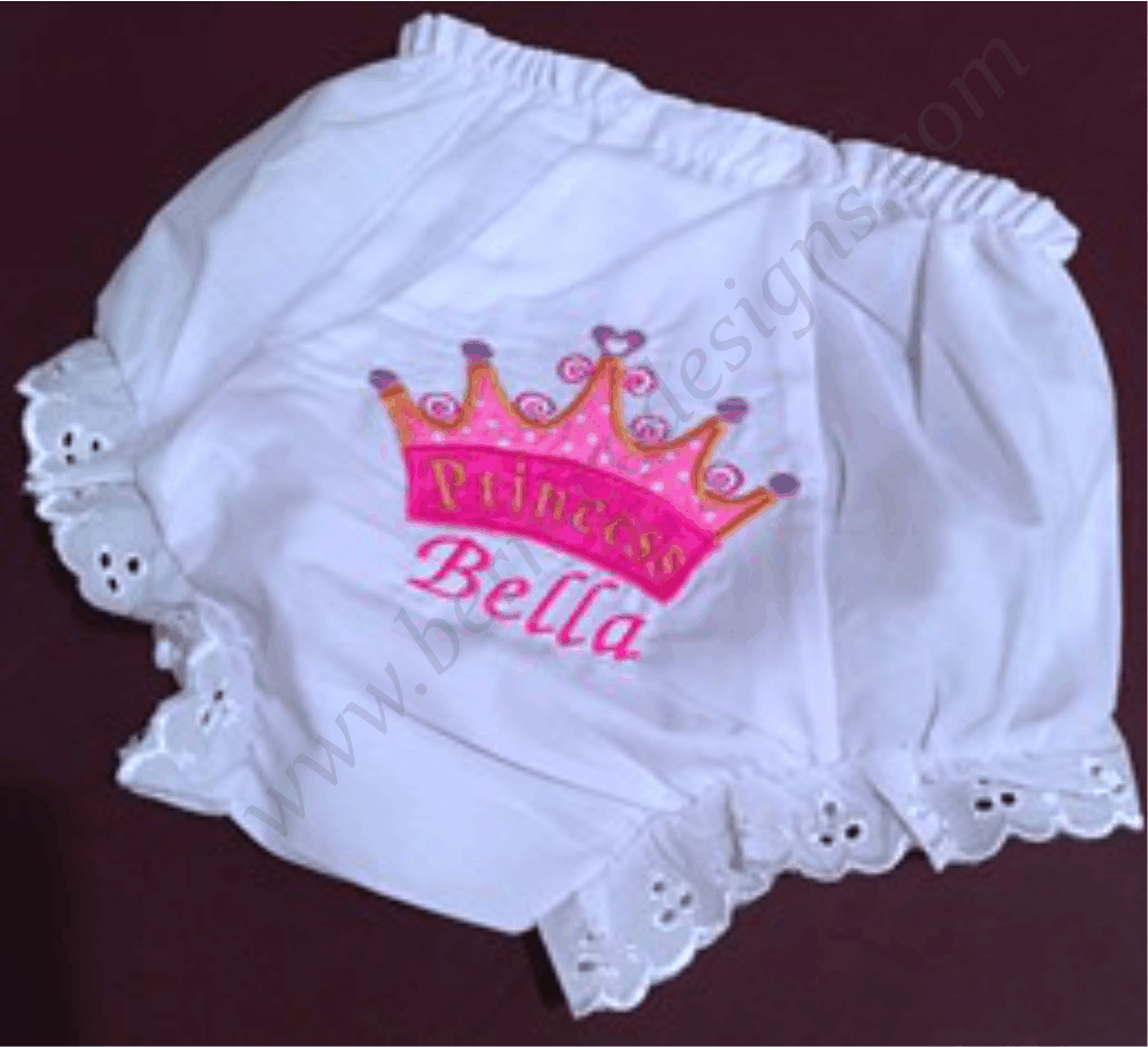 girl, personalized bloomers, eyelet, lace, edging