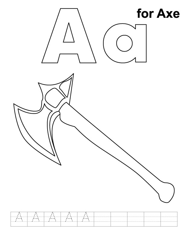 A for axe coloring page with handwriting practice Download Free A for