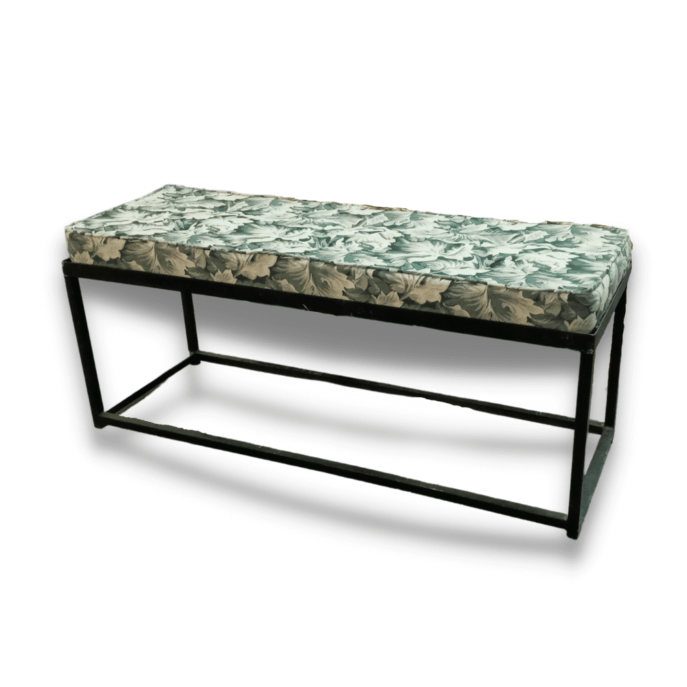 Black Steel Bench 1.35m x 49cm With Green & Stone Botanical Cushion