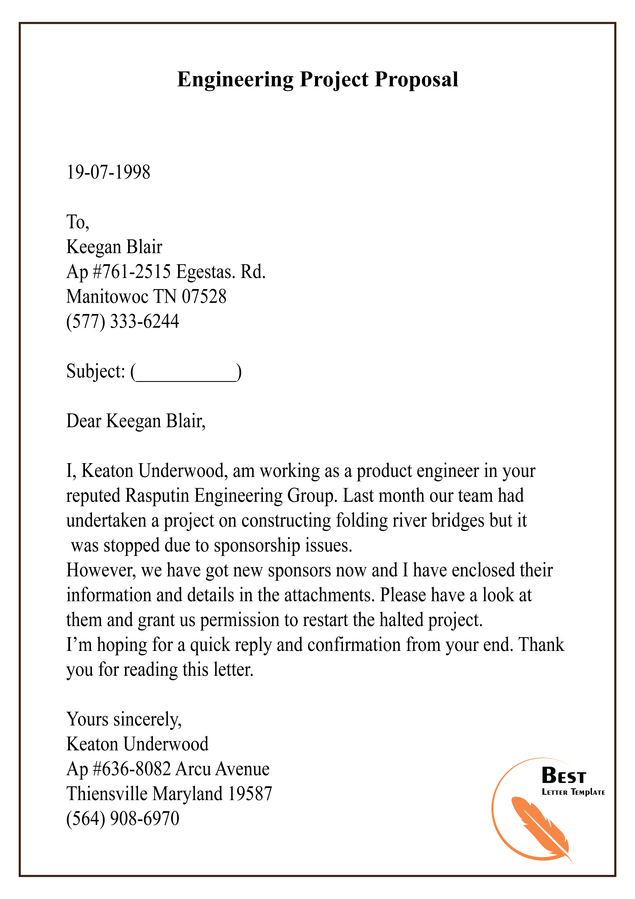 Proposal Letter For Project Letter