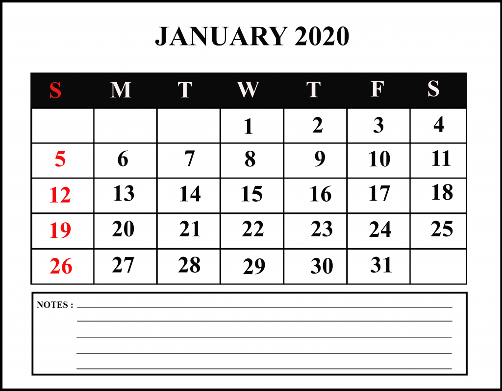 Free Printable January 2020 Calendar Template in PDF, Excel Word