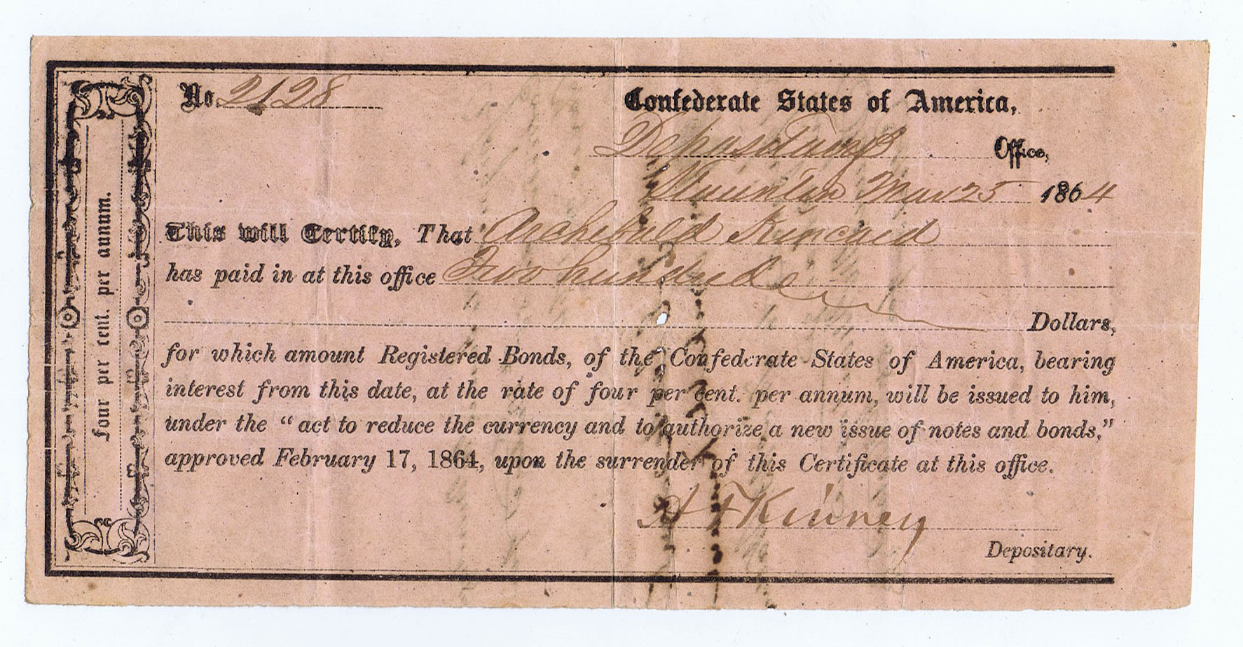 CONFEDERATE INTERIM DEPOSITARY RECEIPT DATED MARCH 25, 1864 STAUNTON, VIRGINIA. SIGNED by A.F