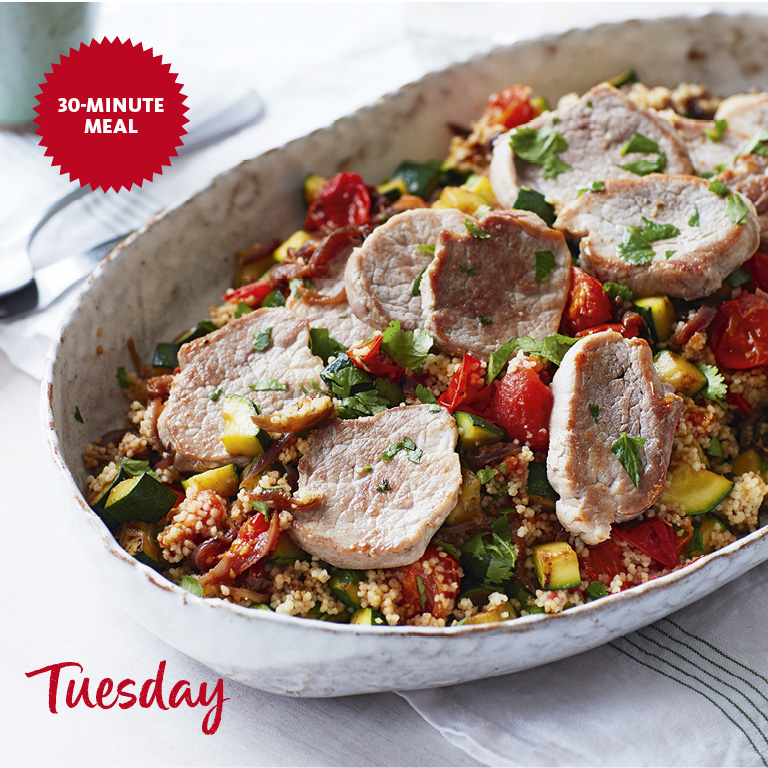 SW recipe Rainbow couscous with pork medallions Best Slimming World