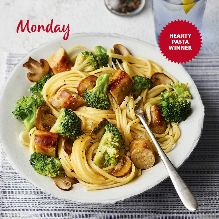 SW recipe Sausage, mushroom and broccoli carbonara Best Slimming World