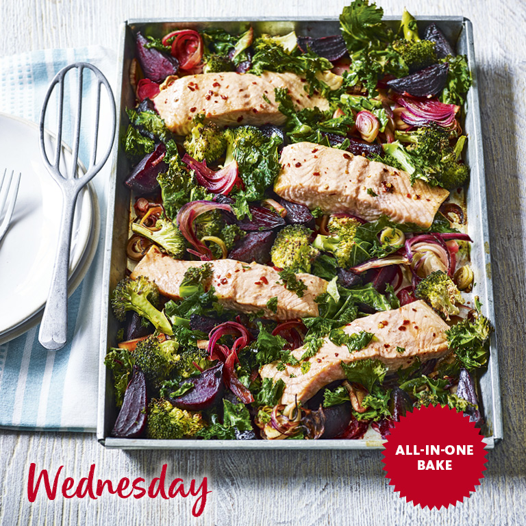 SW recipe Salmon and veg tray bake Best Slimming World