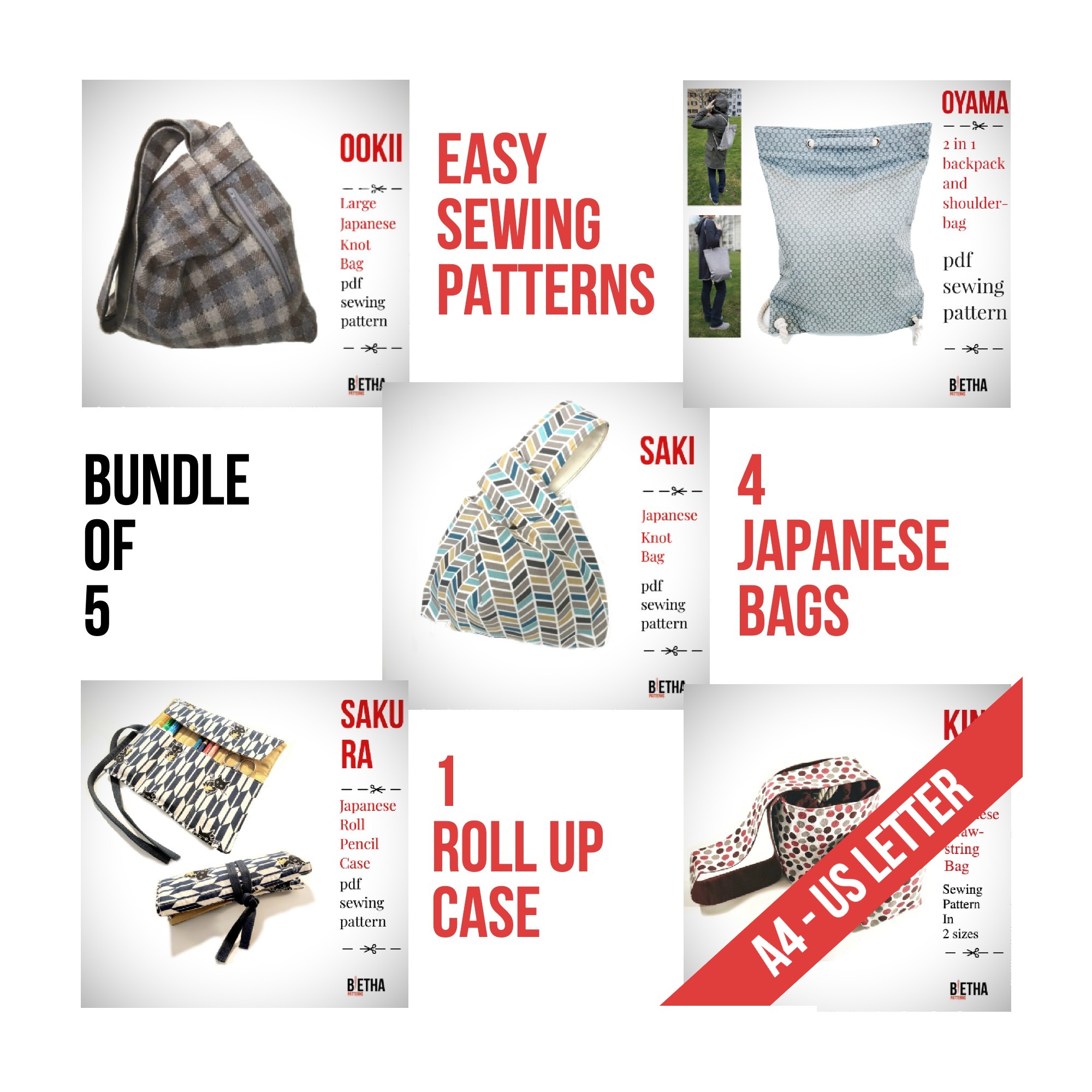 Japanese Easy Sewing Patterns 4 Bags and 1 Accessory B'etha Bags