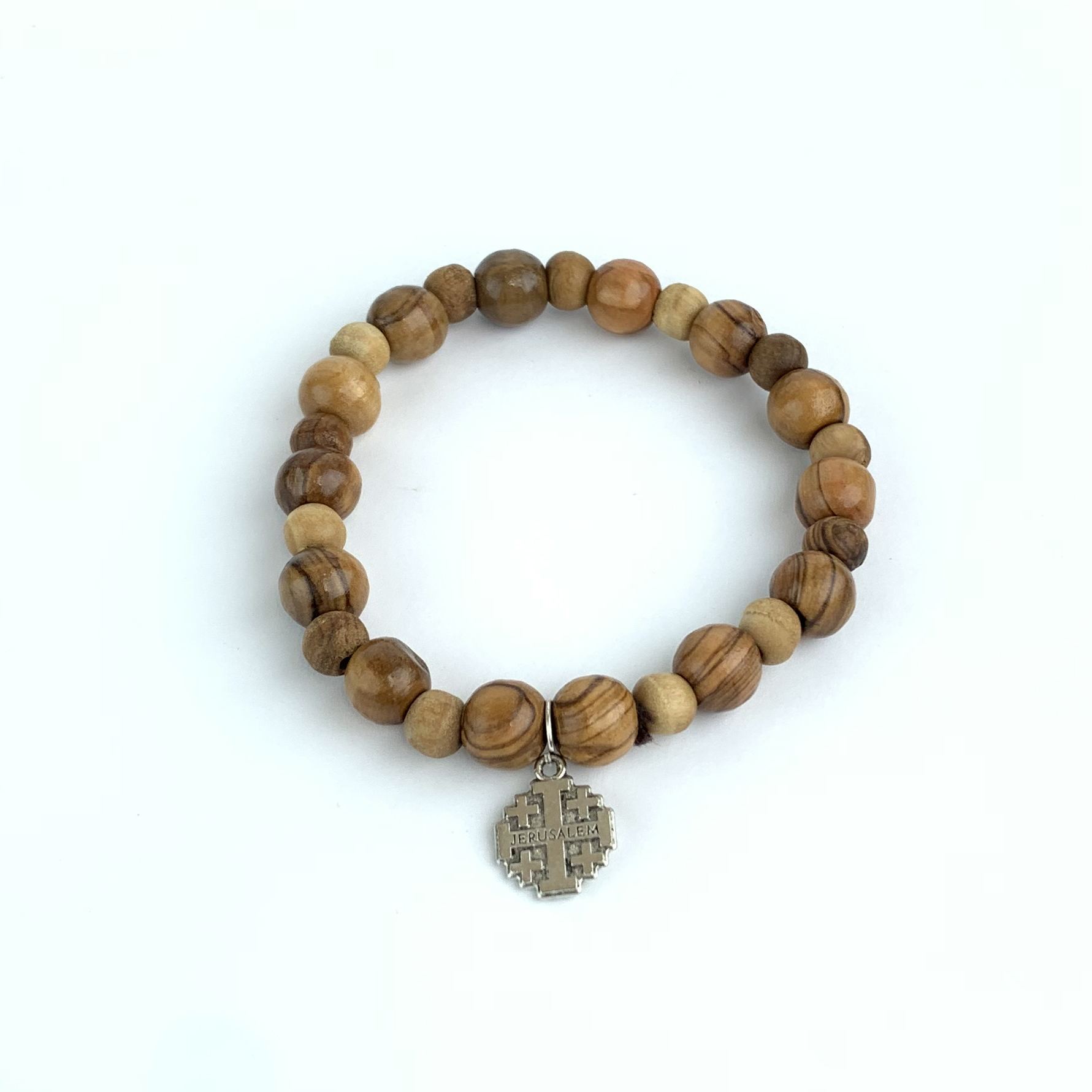 Olive Wood Bracelet with 0.4″ Beads and The Jerusalem Cross Bethlehem