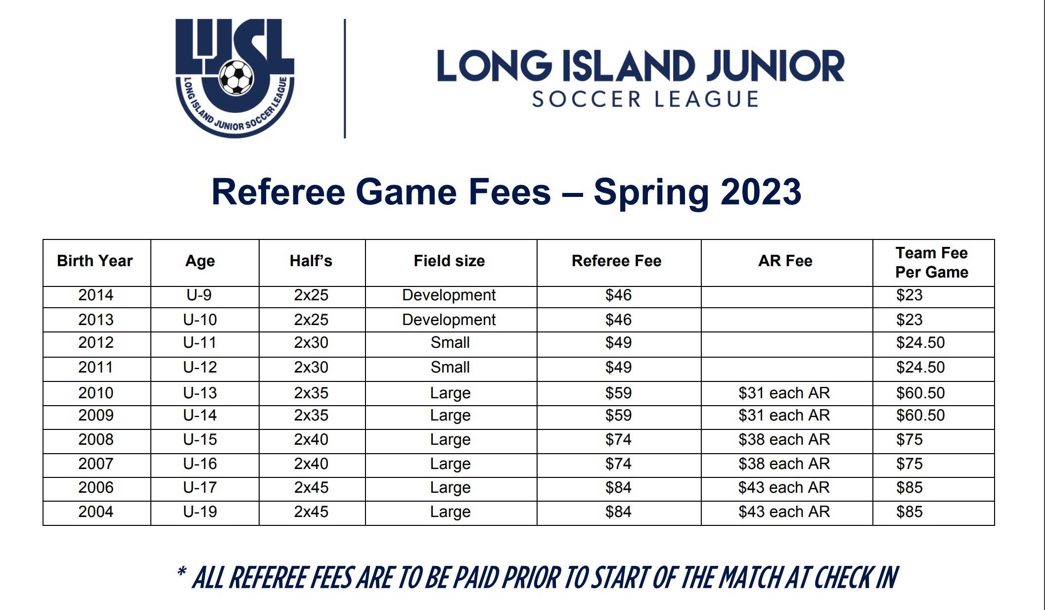 Travel Coaches Referee/AR Fees Bethpage Soccer