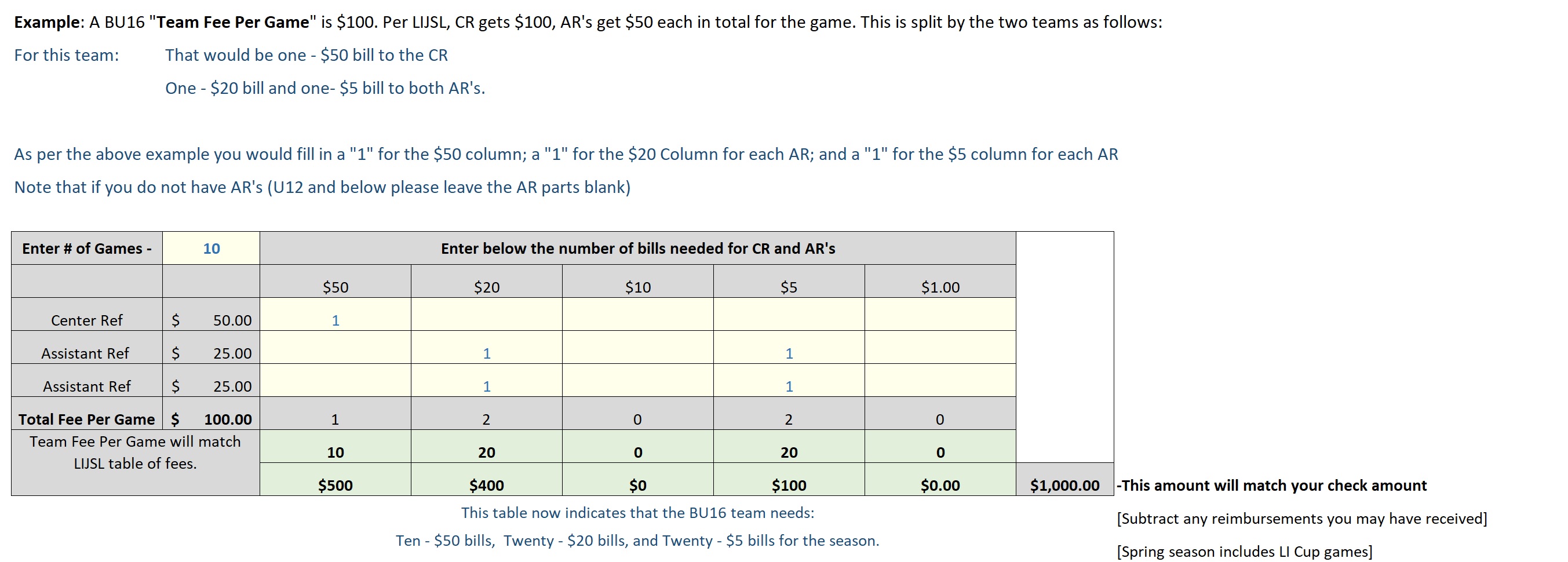 Travel Coaches Referee/AR Fees Bethpage Soccer