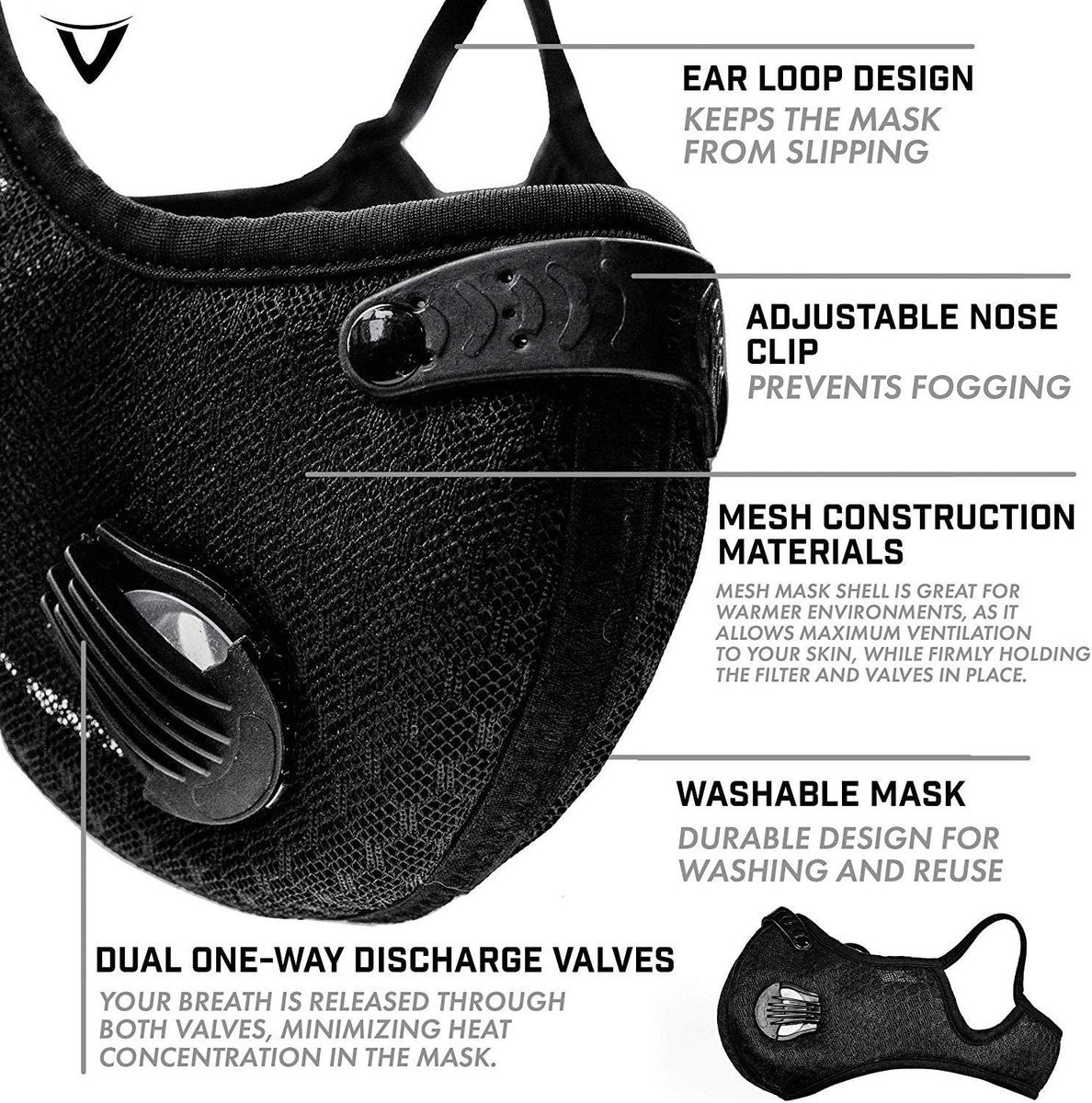 Double Valve Reusable Sports Face Mask with Hook and Loop Straps Grey
