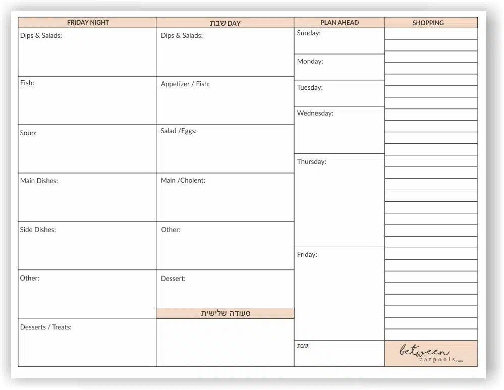 Shabbos Menu Organizer Free Download! Between Carpools