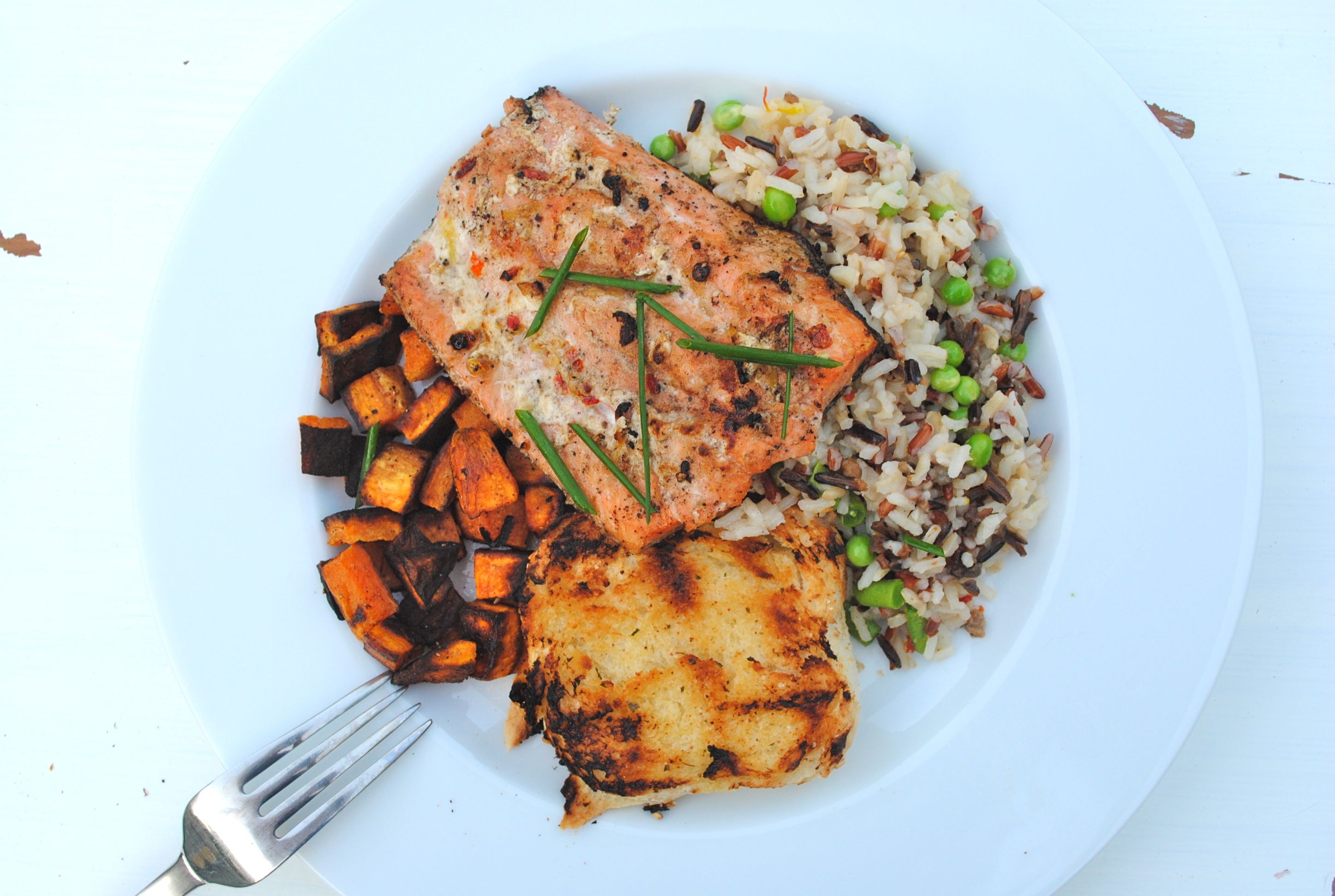 Grilled Salmon with Roasted Sweet Potatoes and Garden Wild Rice