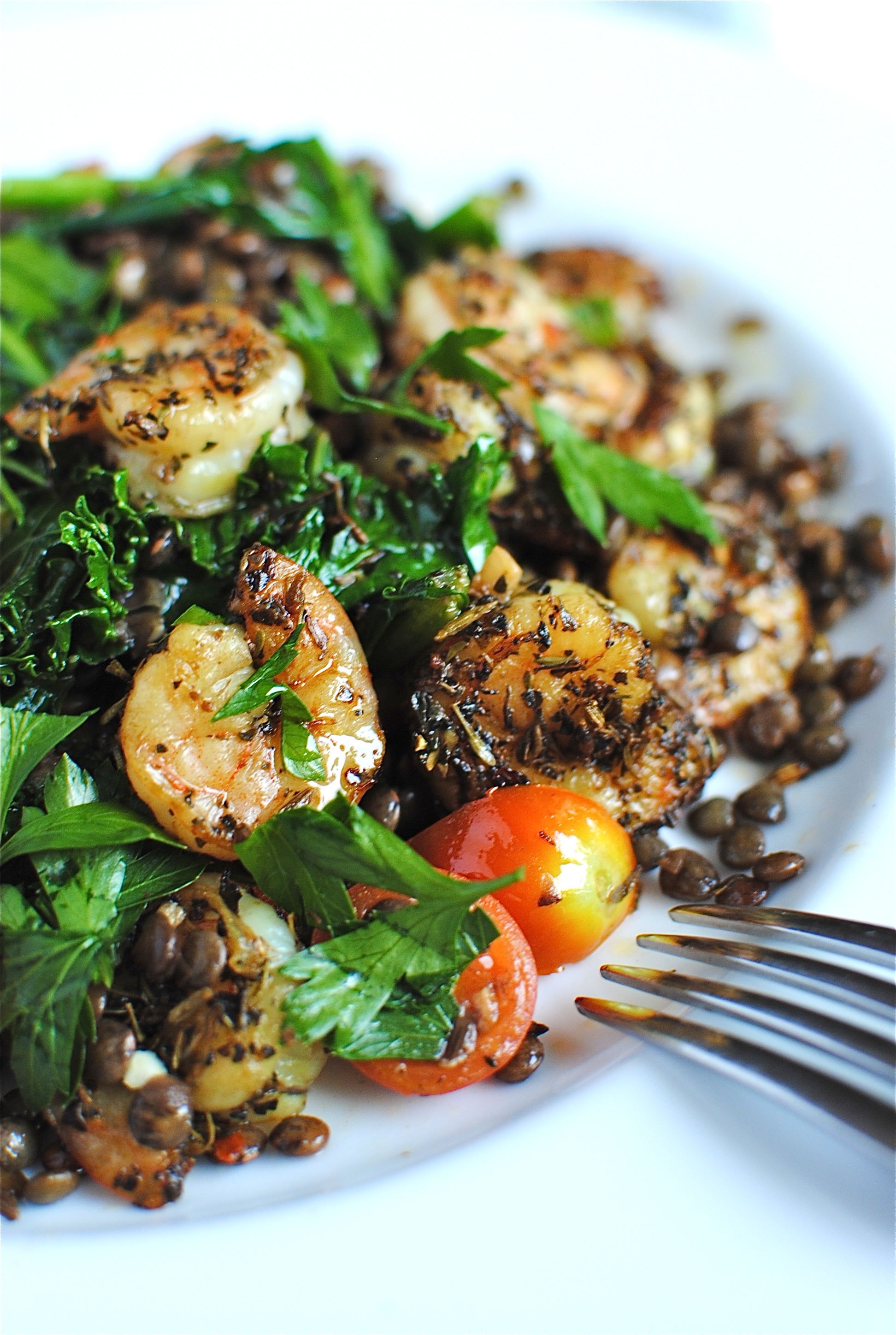 French Lentils with Kale and Shrimp Bev Cooks