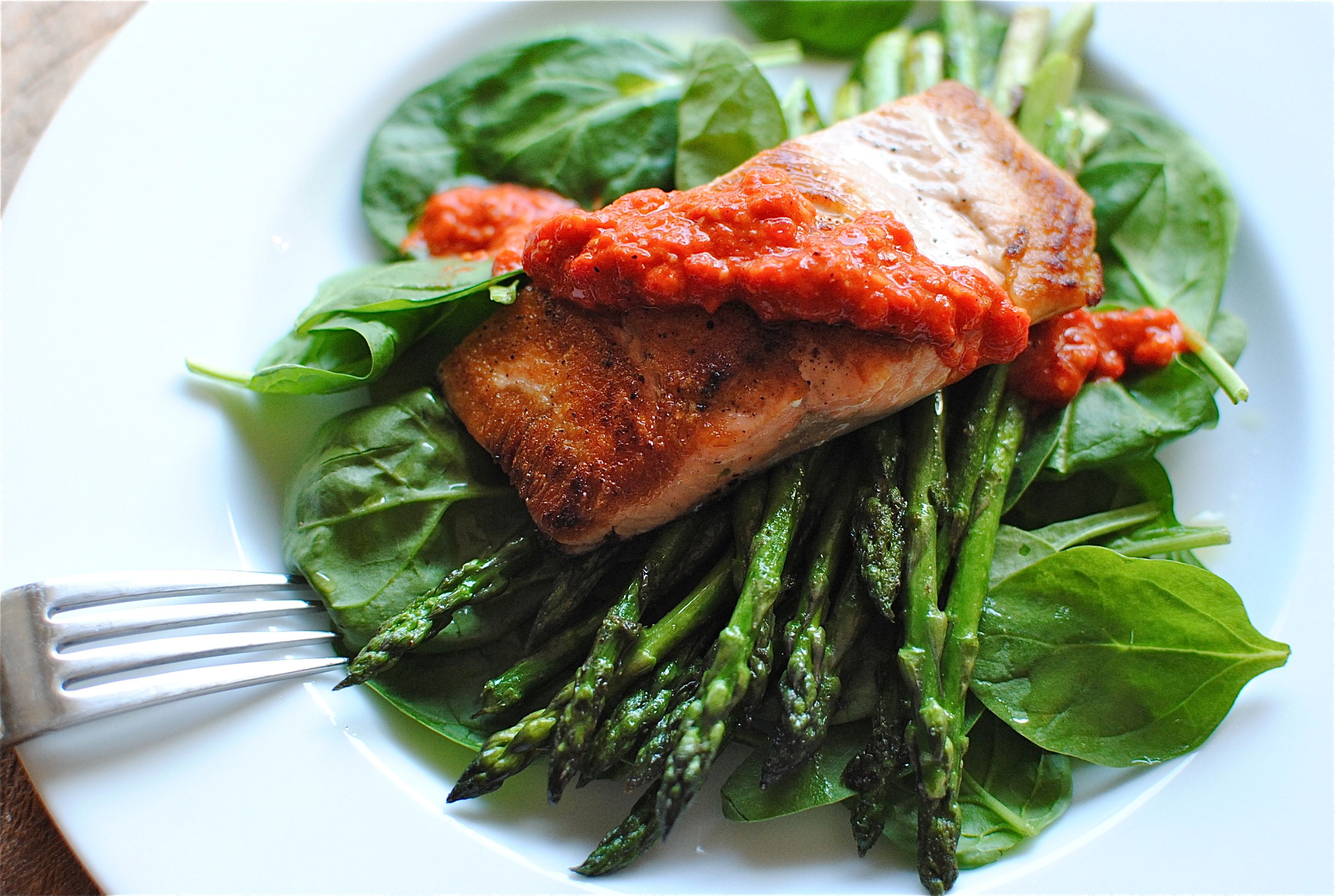 Seared Salmon with Red Pepper Pesto Bev Cooks