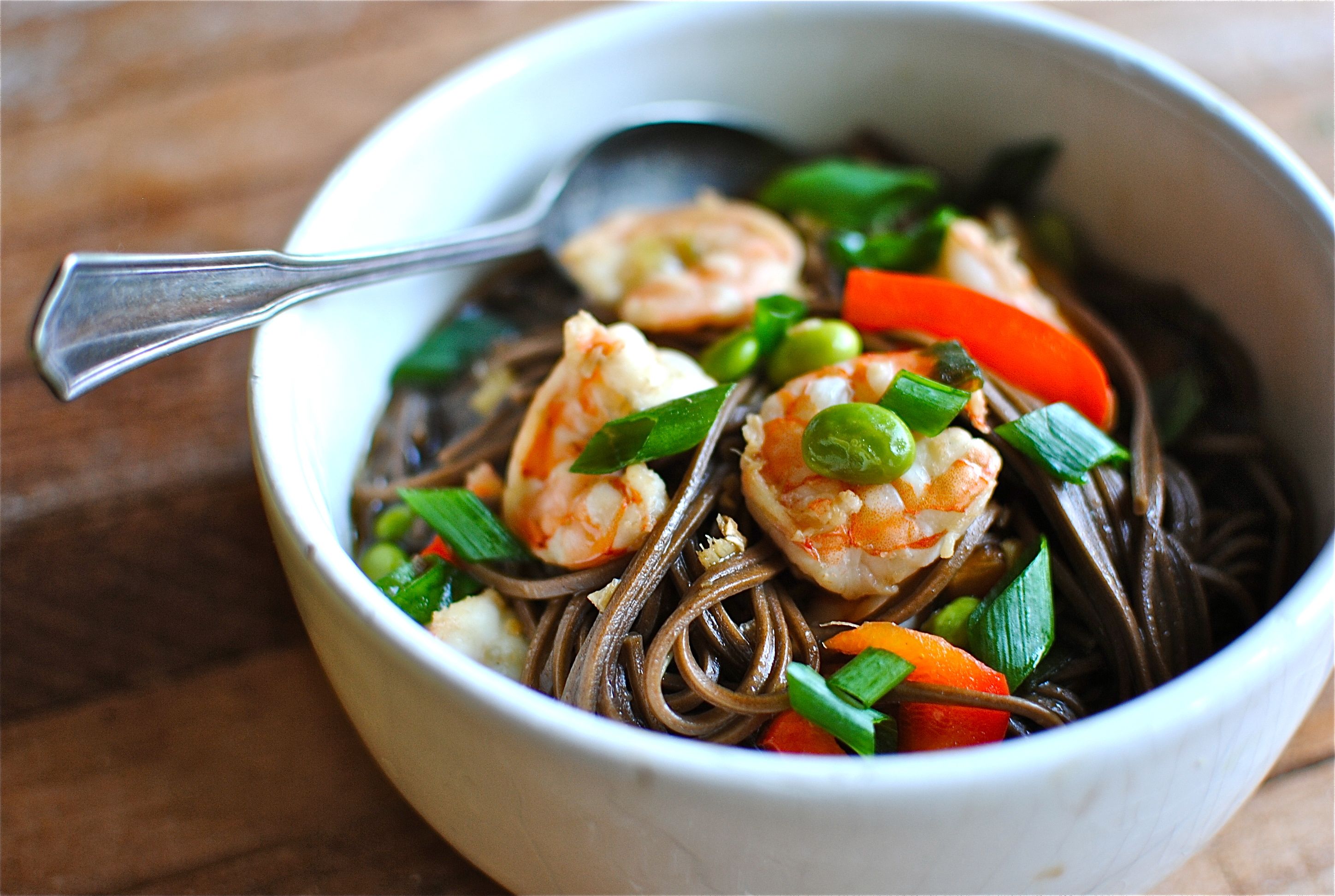 Soba Noodle Soup with Shrimp and Veggies Bev Cooks