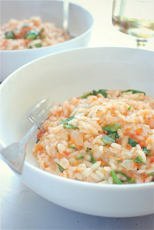 Roasted Red Pepper Risotto with Spinach Bev Cooks