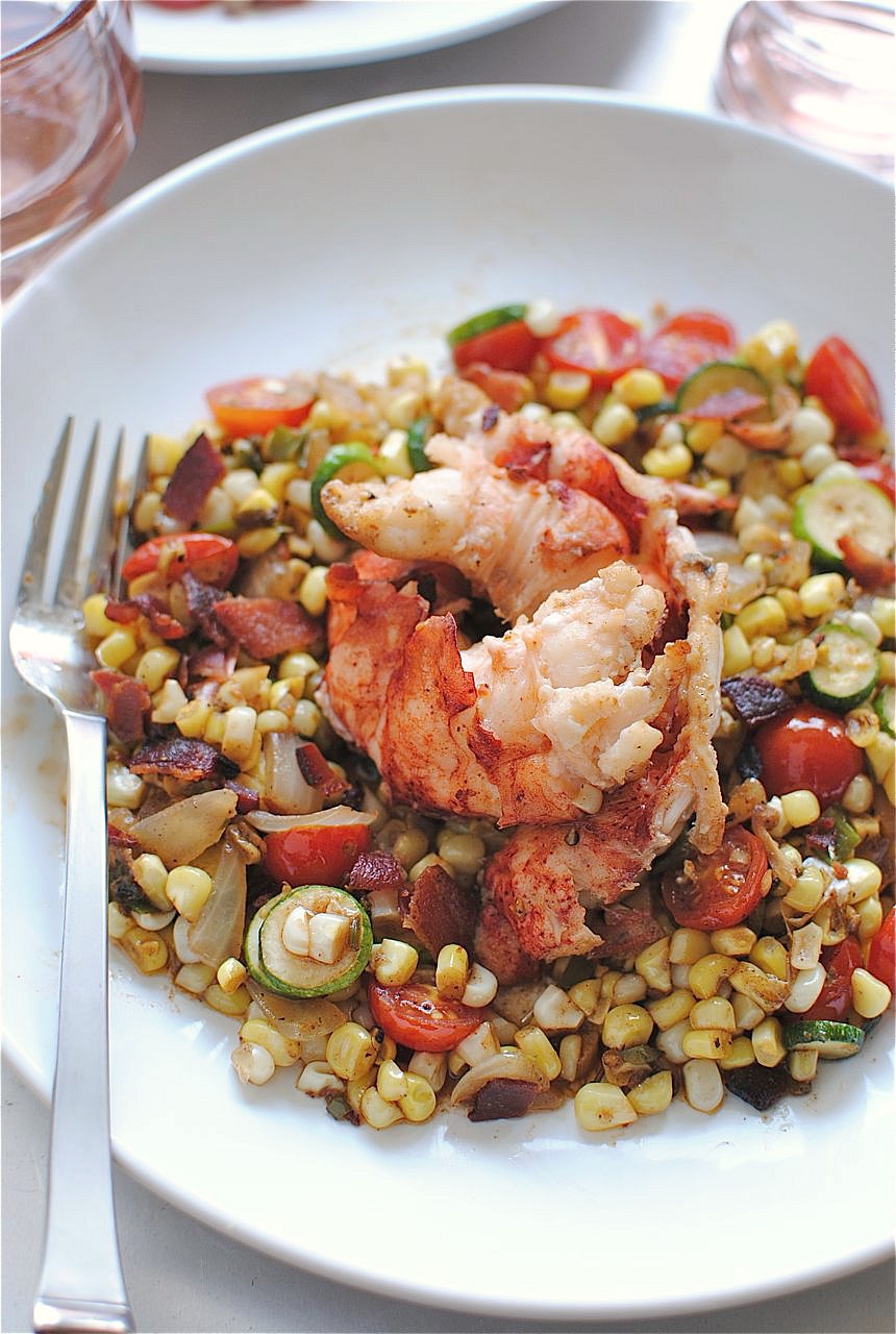 Seared Lobster Tails with a Garden Vegetable Sauté Bev Cooks