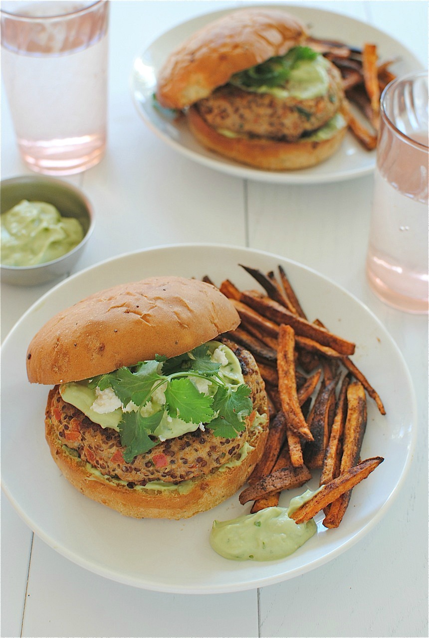 ChickenQuinoa Burgers with an AvocadoYogurt Sauce Bev Cooks
