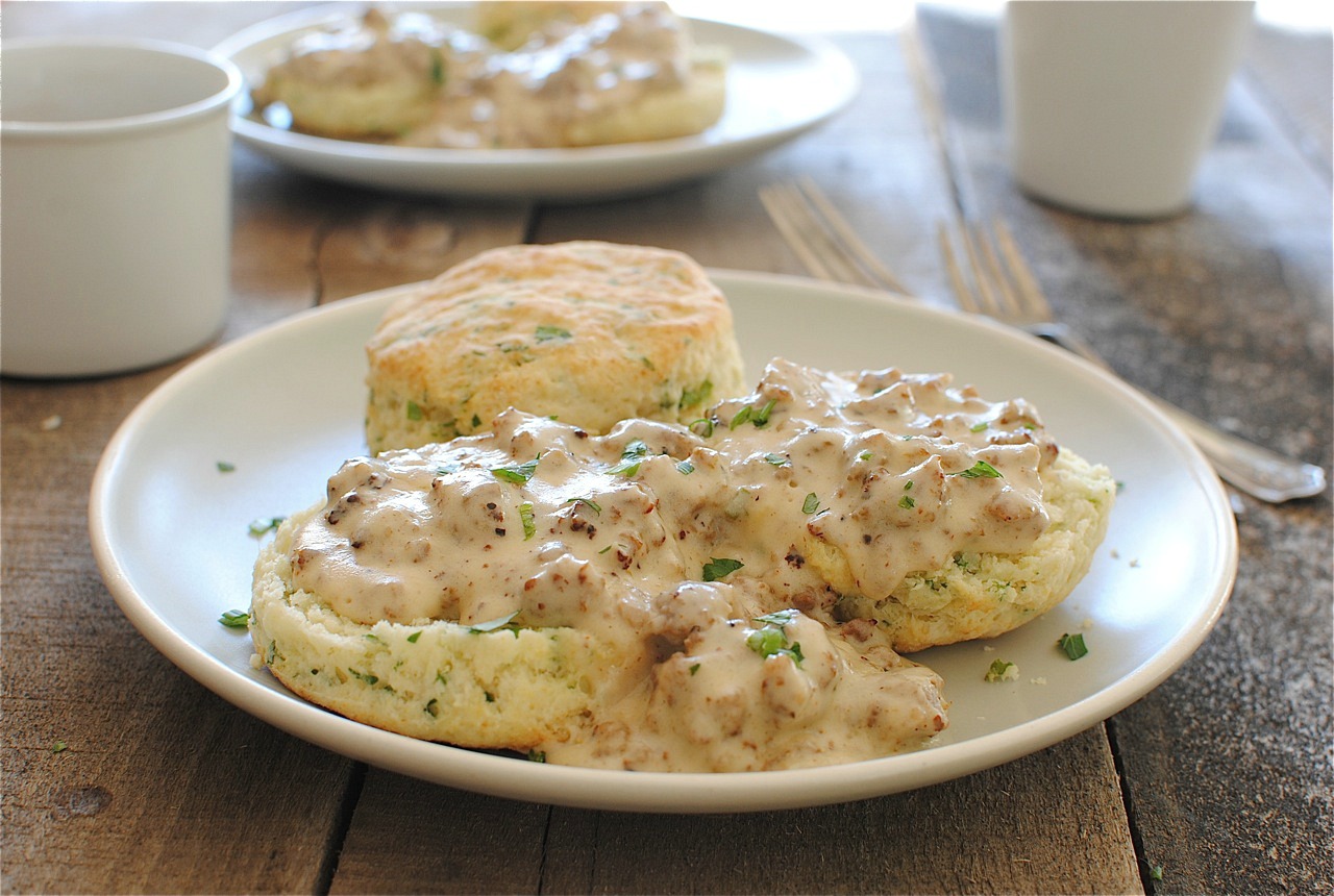 Herbed Buttermilk Biscuits with Sausage Gravy Bev Cooks
