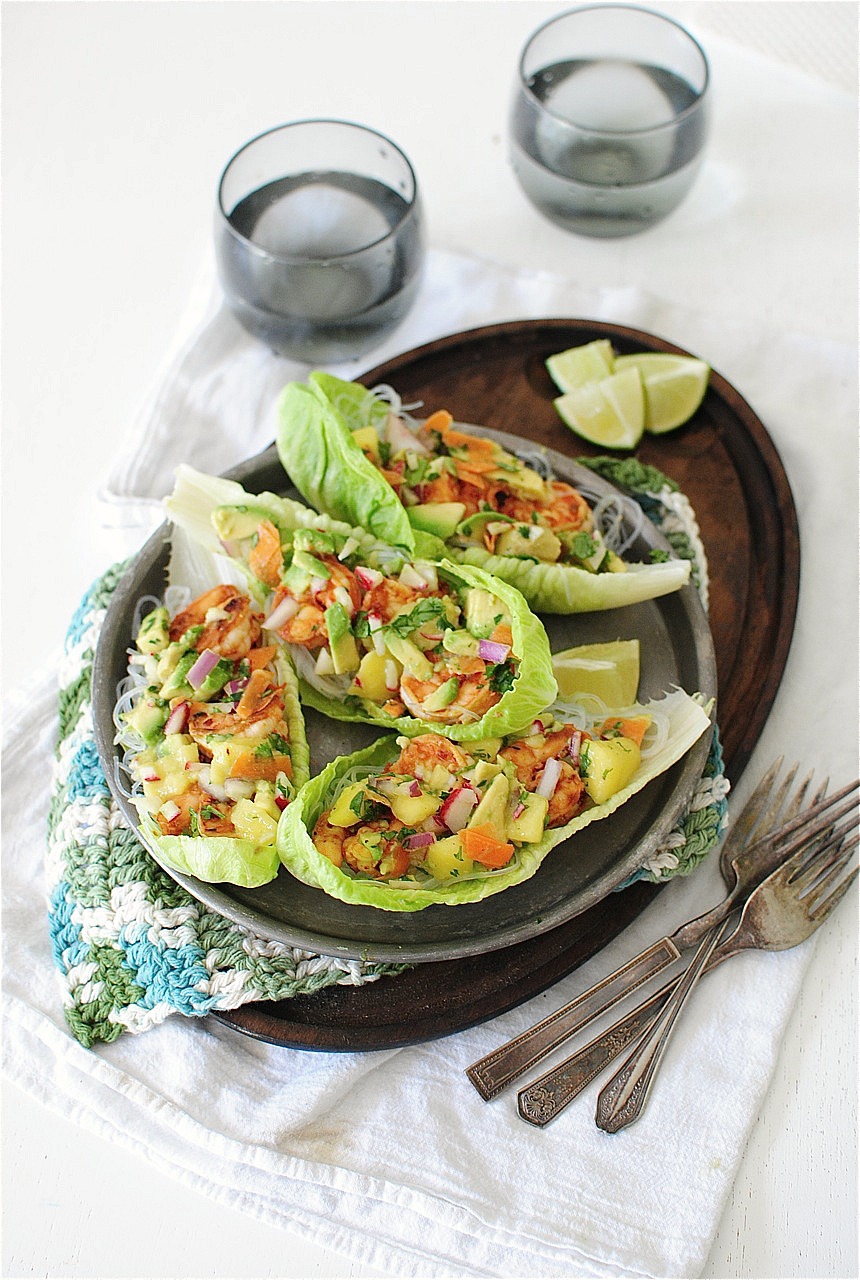 Fiery Shrimp Lettuce Boats with an AvocadoMango Relish Bev Cooks