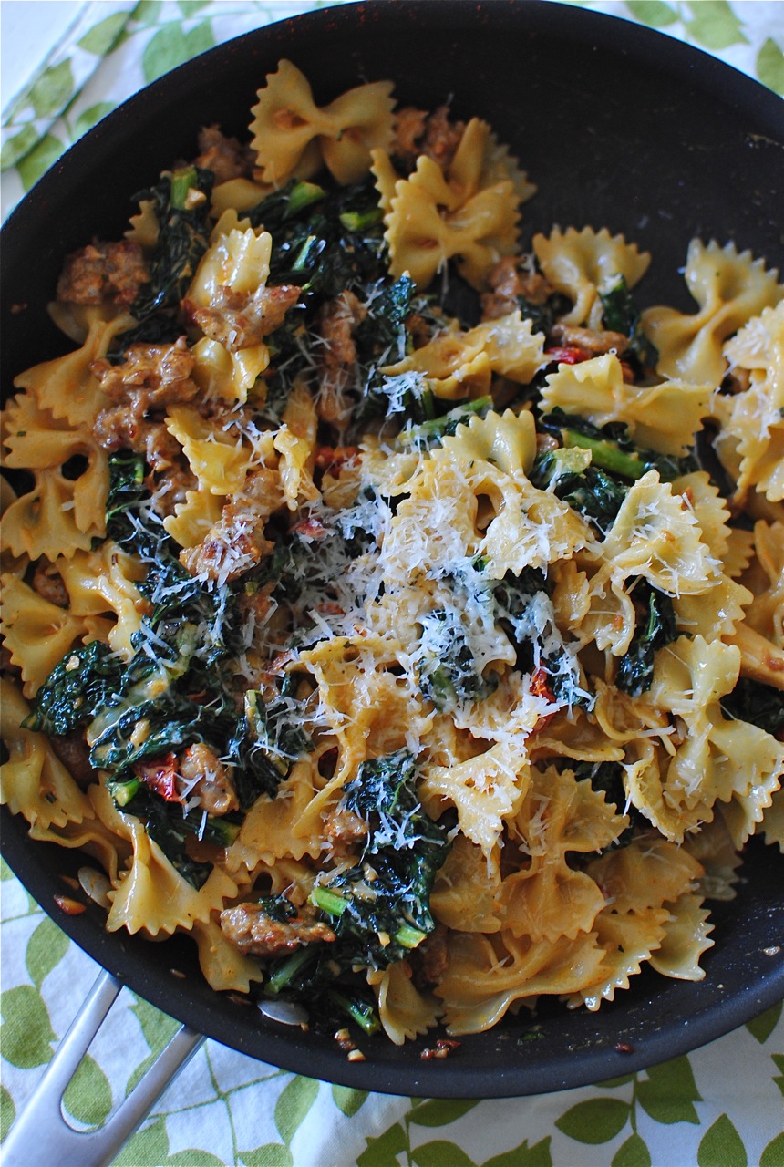 Creamy Bow Tie Pasta with Kale and Sausage Bev Cooks