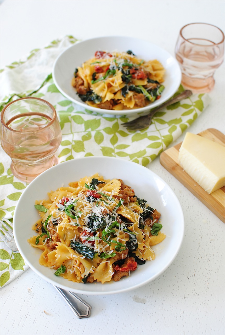 Creamy Bow Tie Pasta with Kale and Sausage Bev Cooks