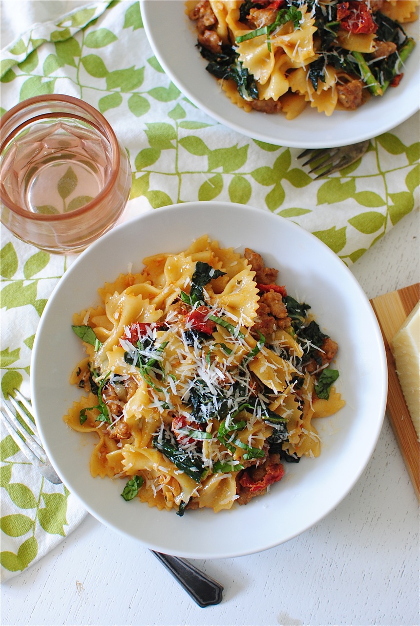 Creamy Bow Tie Pasta with Kale and Sausage Bev Cooks