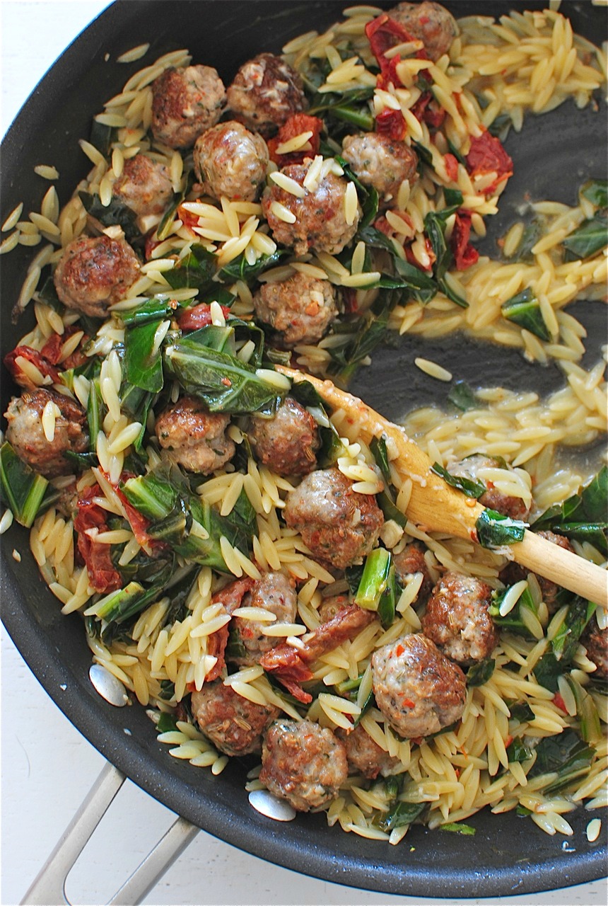 Orzo with Collard Greens, Sausage Meatballs and Sundried Tomatoes Bev