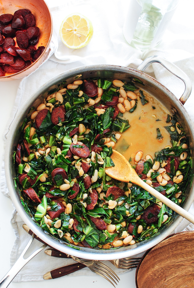 Spanish Chorizo with Collards and White Beans Bev Cooks