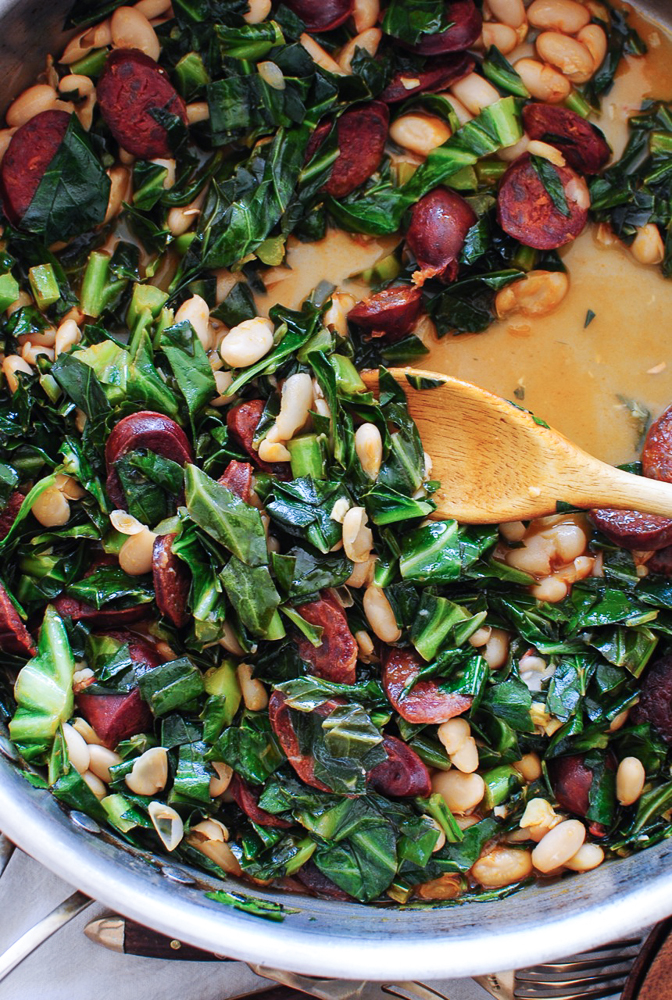Spanish Chorizo with Collards and White Beans Bev Cooks