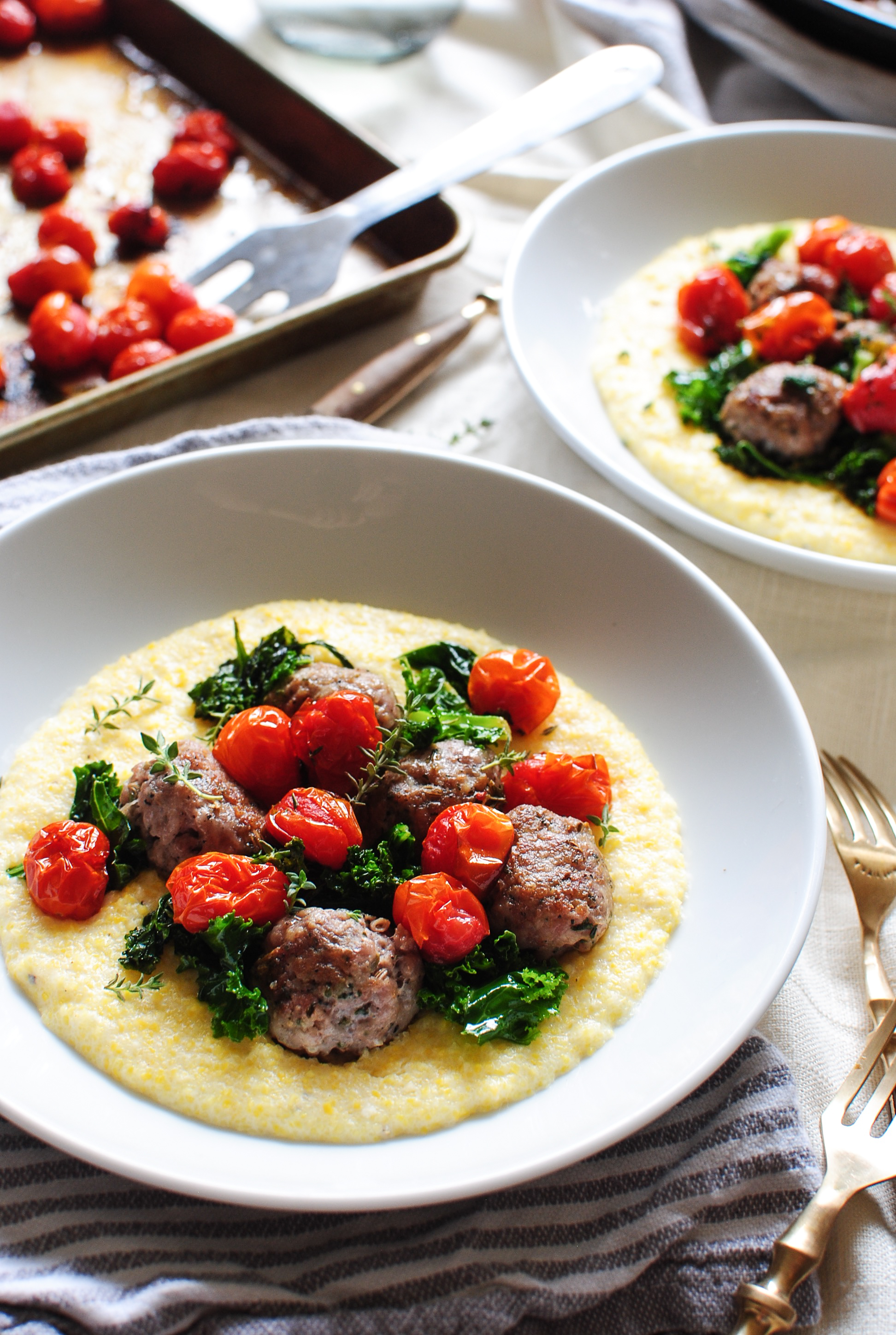 Sausage Meatballs with Kale and Creamy Polenta Bev Cooks