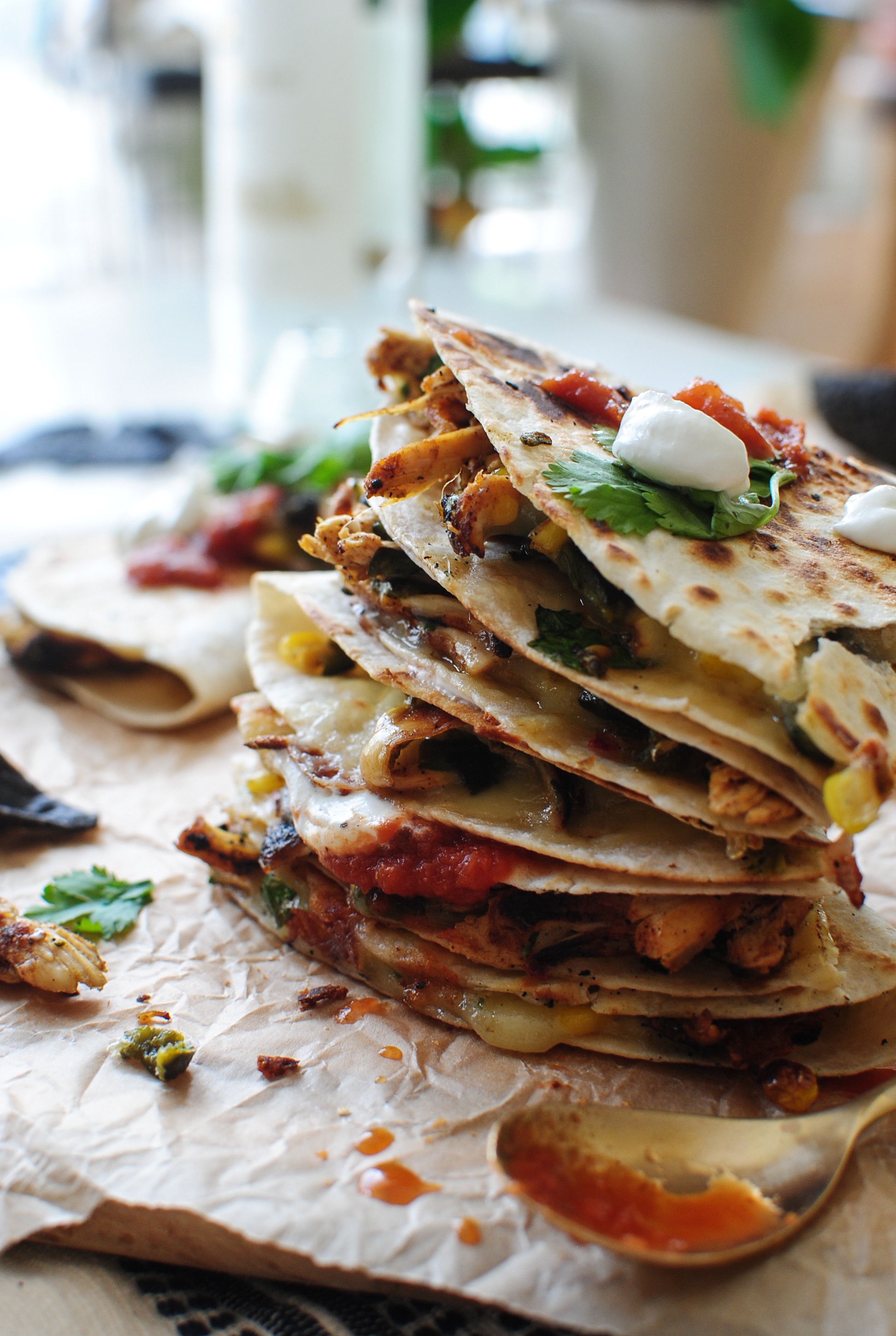 Roasted Corn, Poblano Pepper and Chicken Quesadillas Bev Cooks