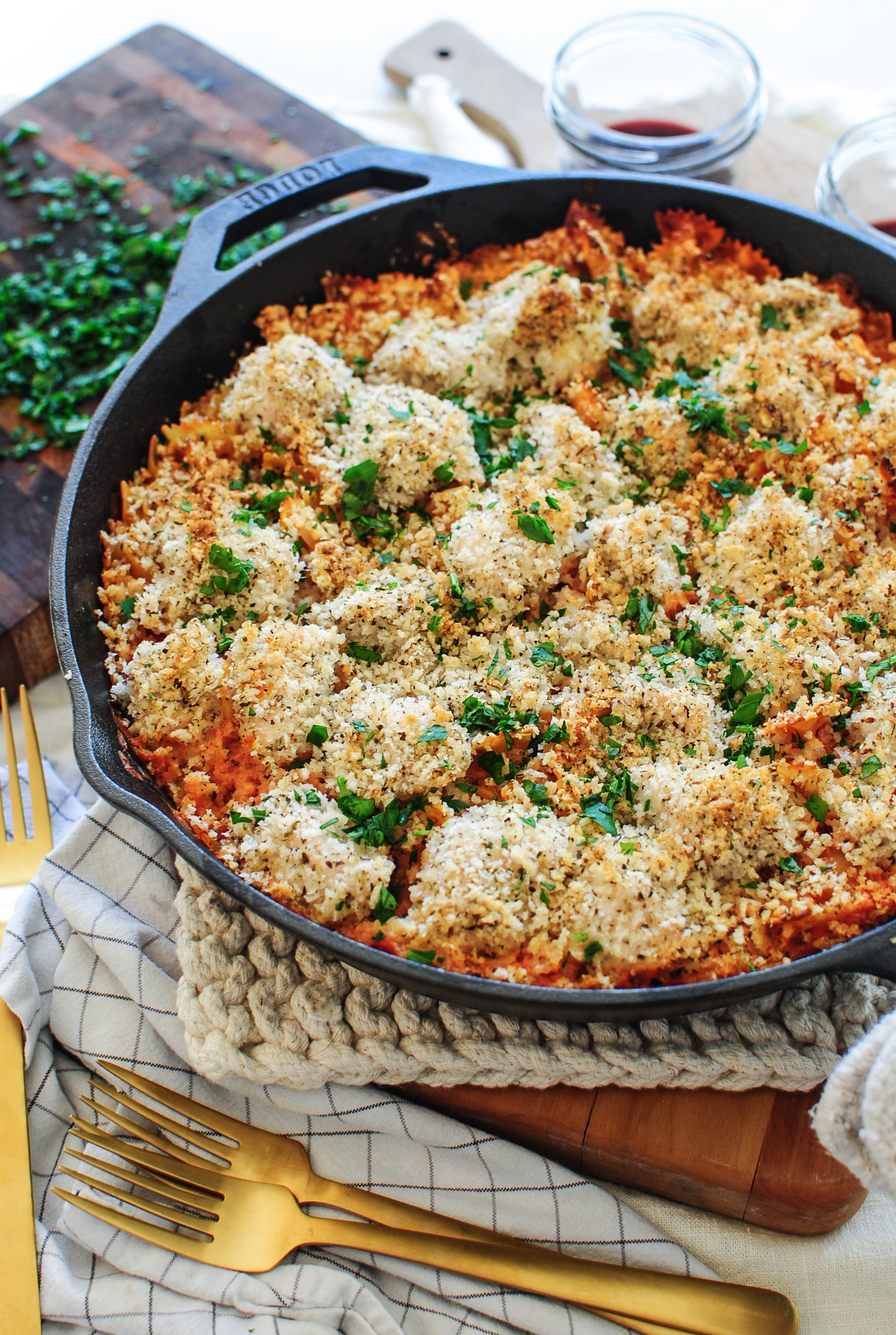 Skillet Chicken and Creamy Bow Tie Pasta Bev Cooks