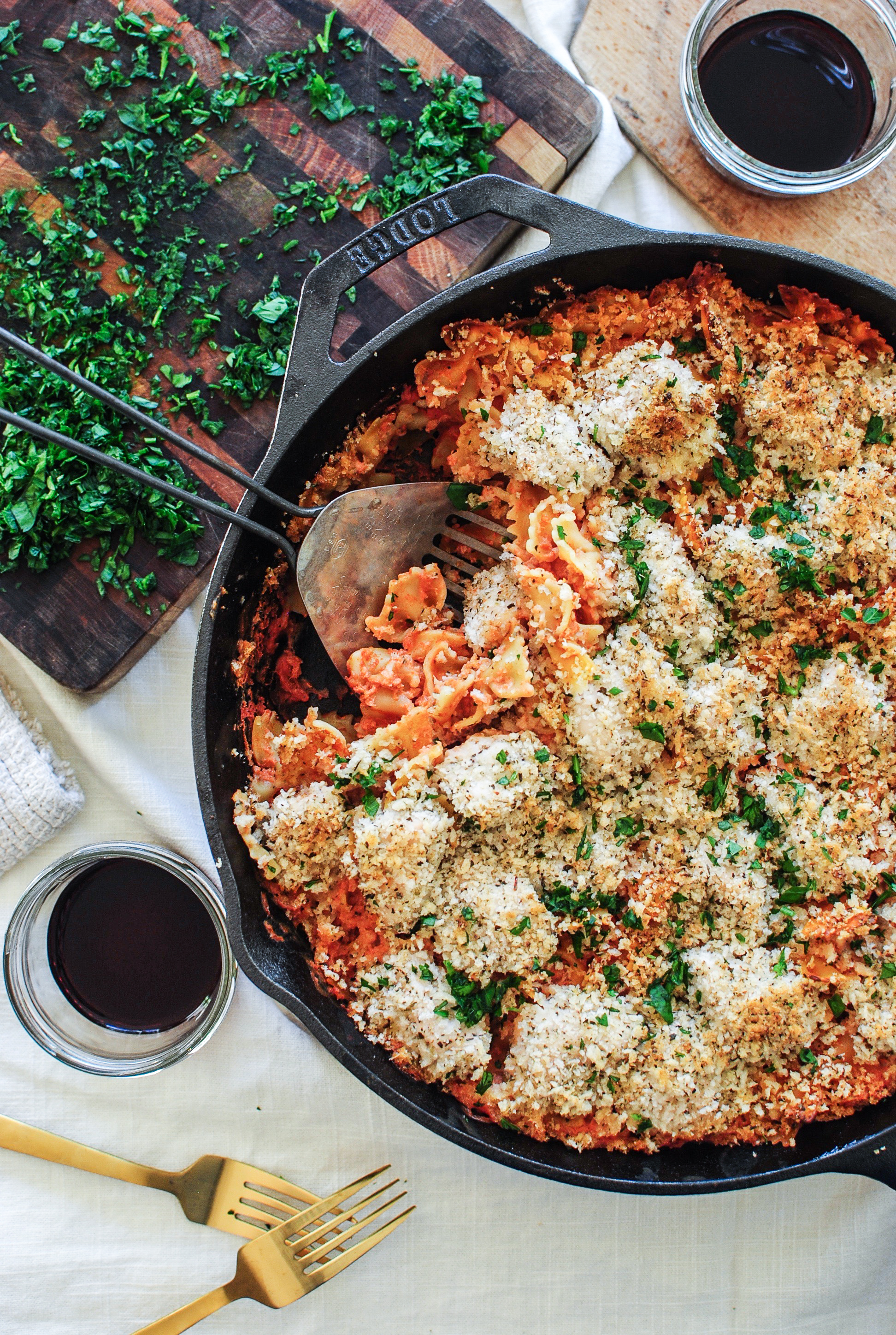 Skillet Chicken and Creamy Bow Tie Pasta Bev Cooks