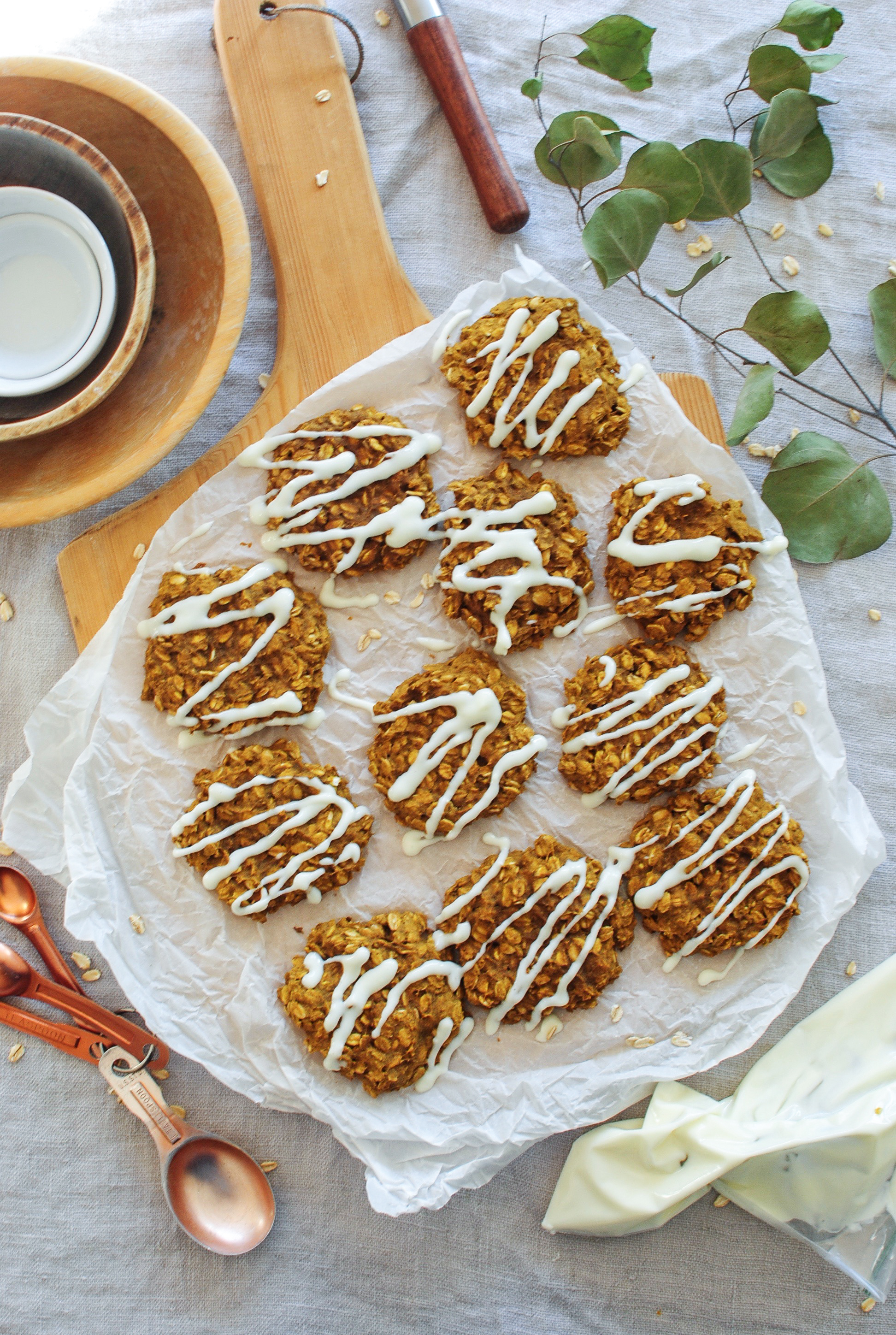 Pumpkin Oatmeal Cookies with a Cream Cheese Glaze Bev Cooks