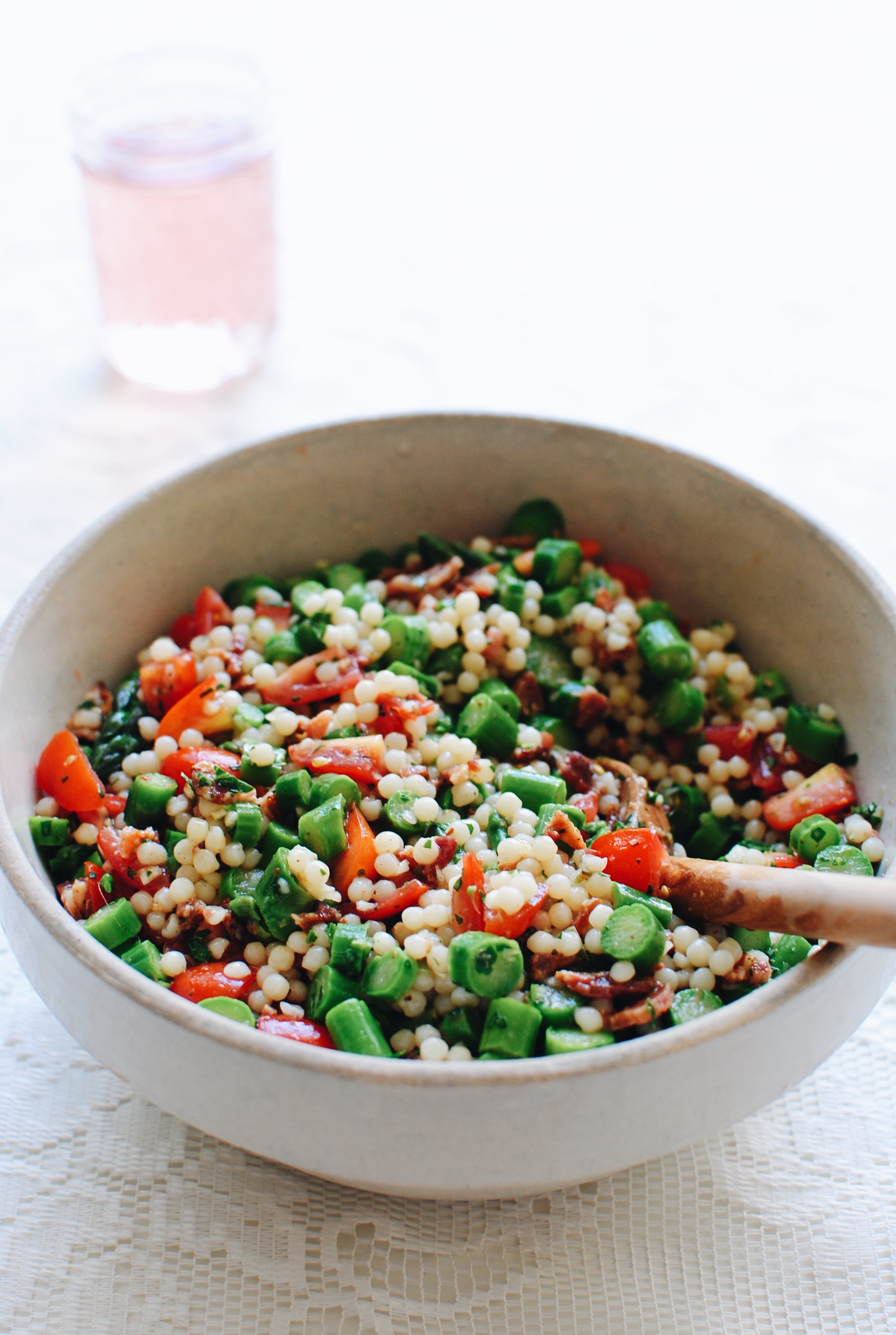 Israeli Couscous Salad with Asparagus and Bacon Bev Cooks