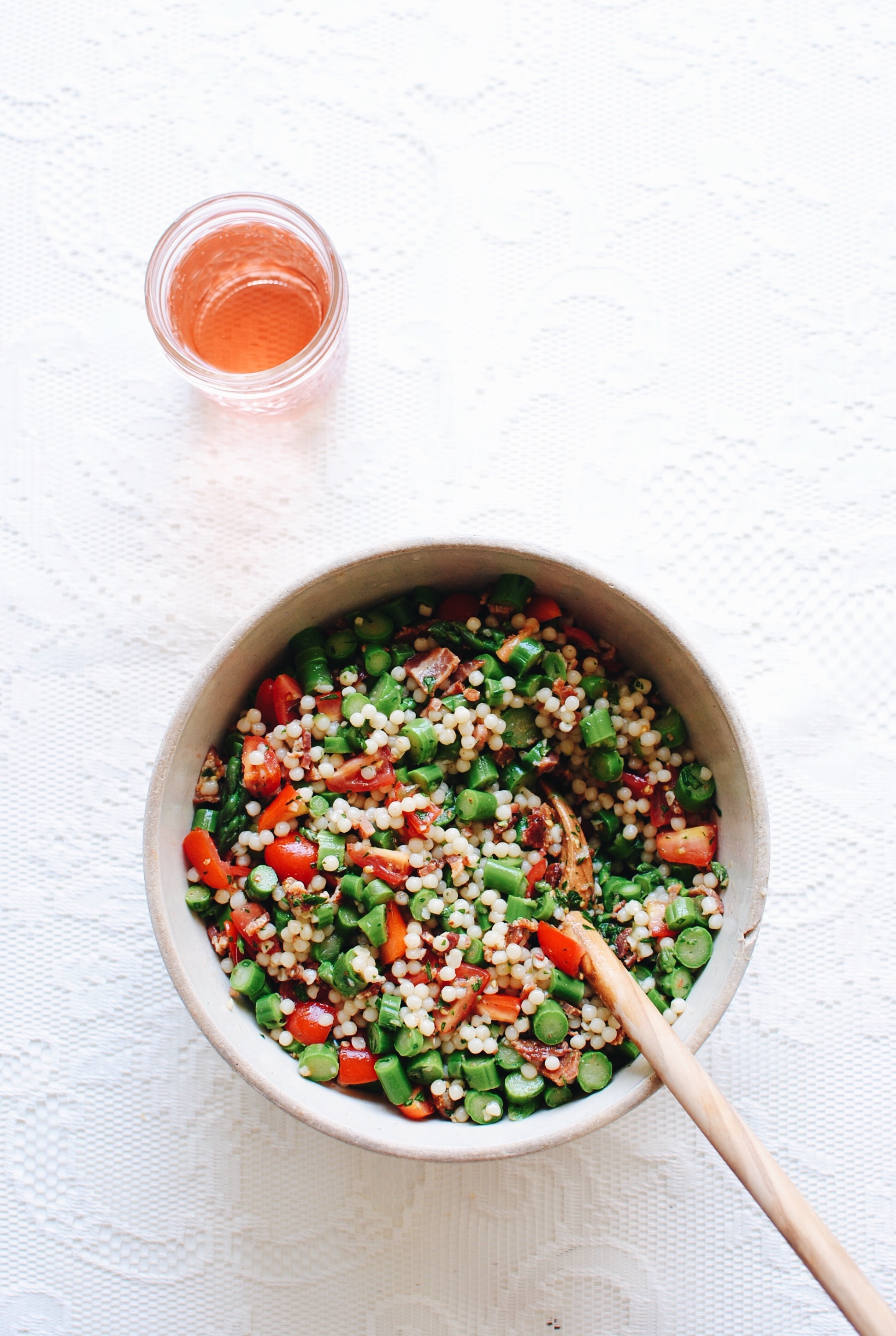 Israeli Couscous Salad with Asparagus and Bacon Bev Cooks