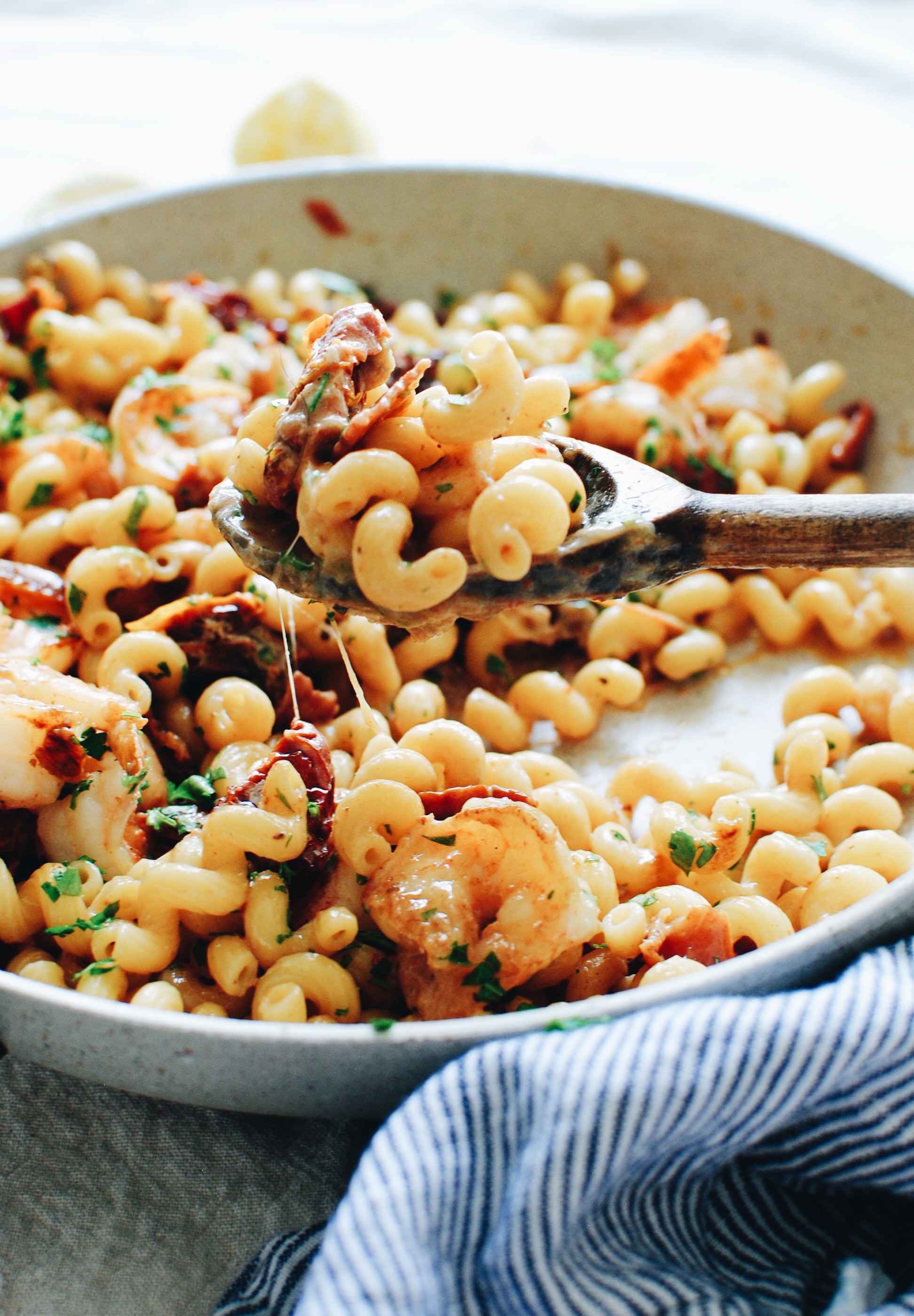 Cheesy Shrimp Pasta with SunDried Tomatoes and Bacon Bev Cooks