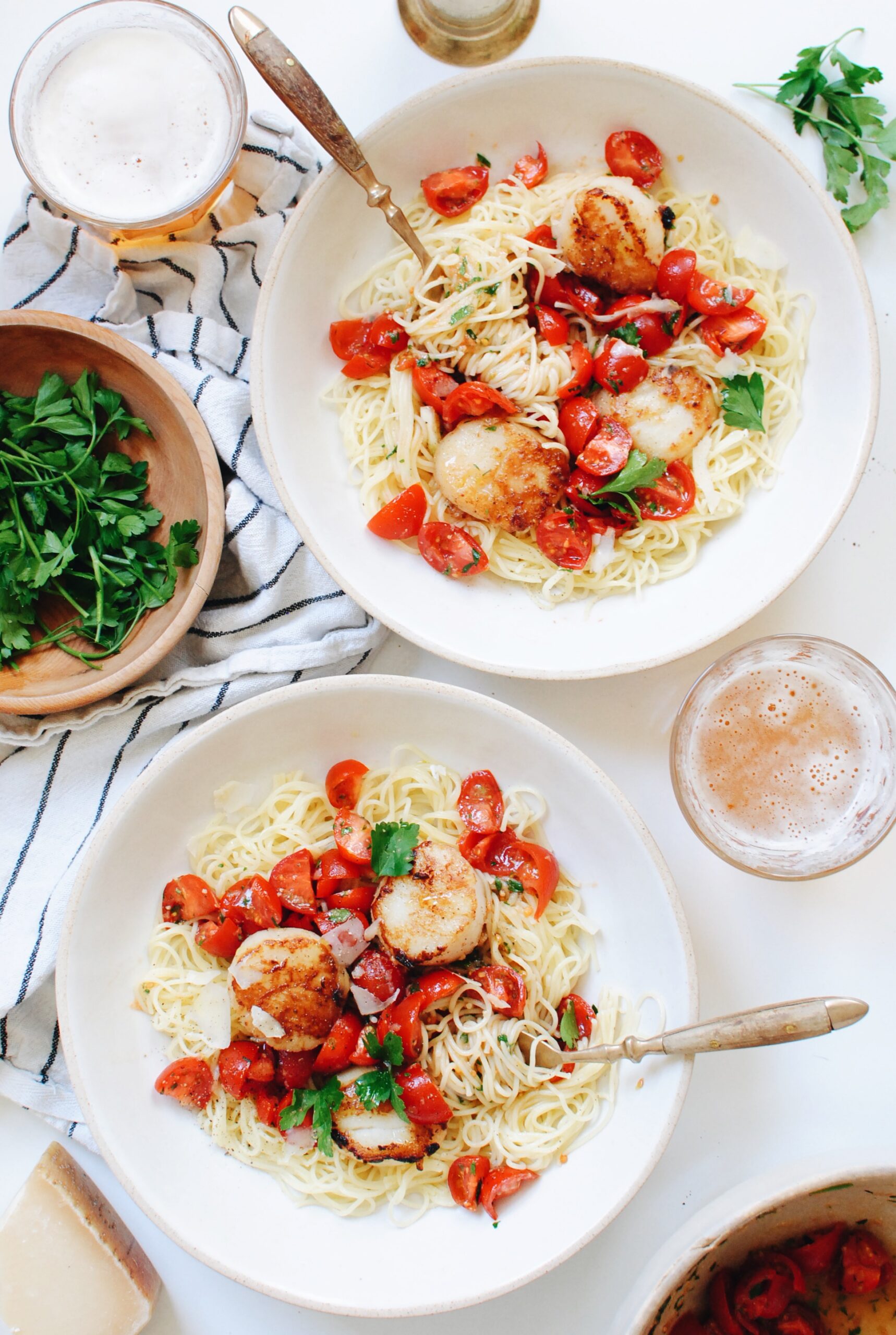 Angel Hair Pasta with Marinated Tomatoes and Seared Scallops Bev Cooks