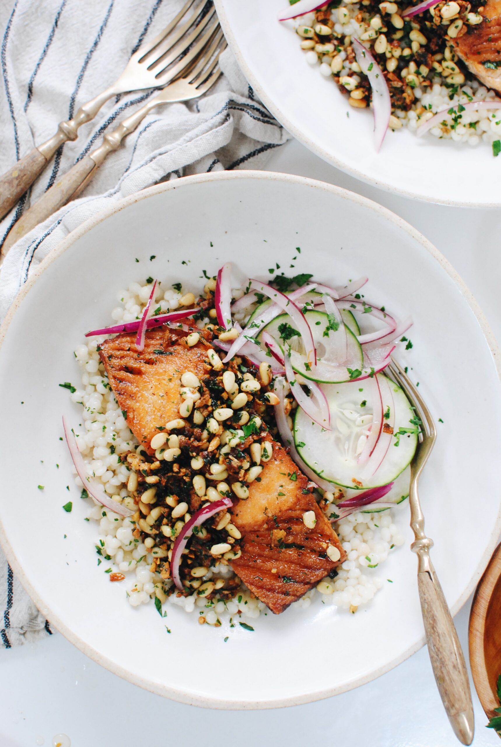 Salmon and Israeli Couscous with Cucumbers Bev Cooks