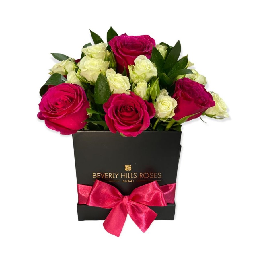 Pink & White Roses in Fuchsia Flower Delivery Dubai, Abu Dhabi