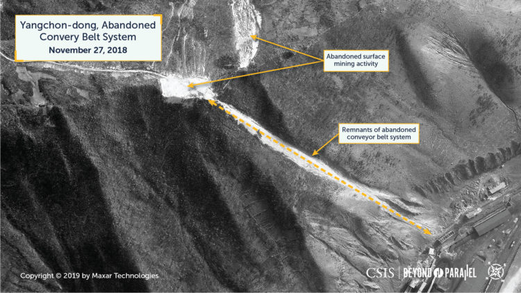 The abandoned surface mine and conveyor belt system south of Yangchon-dong, November 27, 2018. (Copyright 2019 by Maxar Technologies)