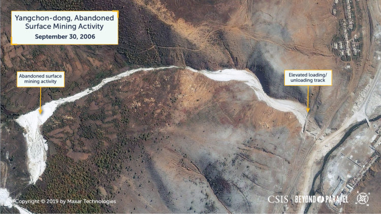 An abandoned surface mine south of Yangchon-dong, September 30, 2006. (Copyright 2019 by Maxar Technologies)