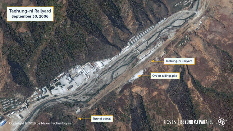 The northern section of Taehung-ni and the railyard, September 30, 2006. Visible is a rail siding and small ore or tailings yard. (Copyright 2019 by Maxar Technologies)